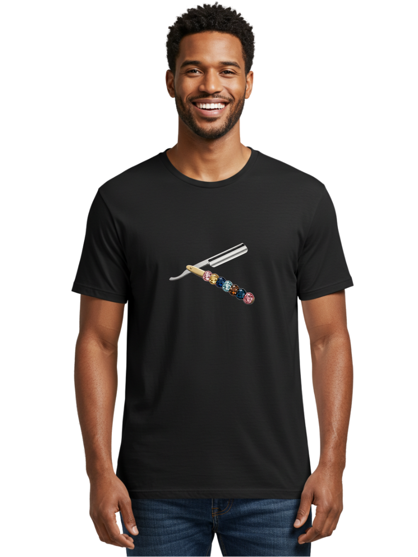Straight-Razor-7 Men'S Graphic Tee, 100% Cotton, Comfortable Casual Summer Wear, Machine Washable, Straight Razor, Shaving Tool, Sharp Blade, Metallic Finish, Rhinestone Handle, Multi-Colored Gems, Luxurious Grooming, Vintage Shaving, Bad733