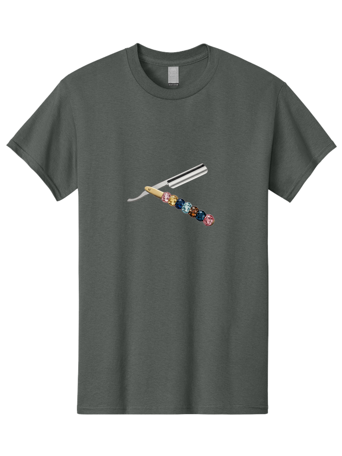 Straight-Razor-7 Men'S Graphic Tee, 100% Cotton, Comfortable Casual Summer Wear, Machine Washable, Straight Razor, Shaving Tool, Sharp Blade, Metallic Finish, Rhinestone Handle, Multi-Colored Gems, Luxurious Grooming, Vintage Shaving, Bad733