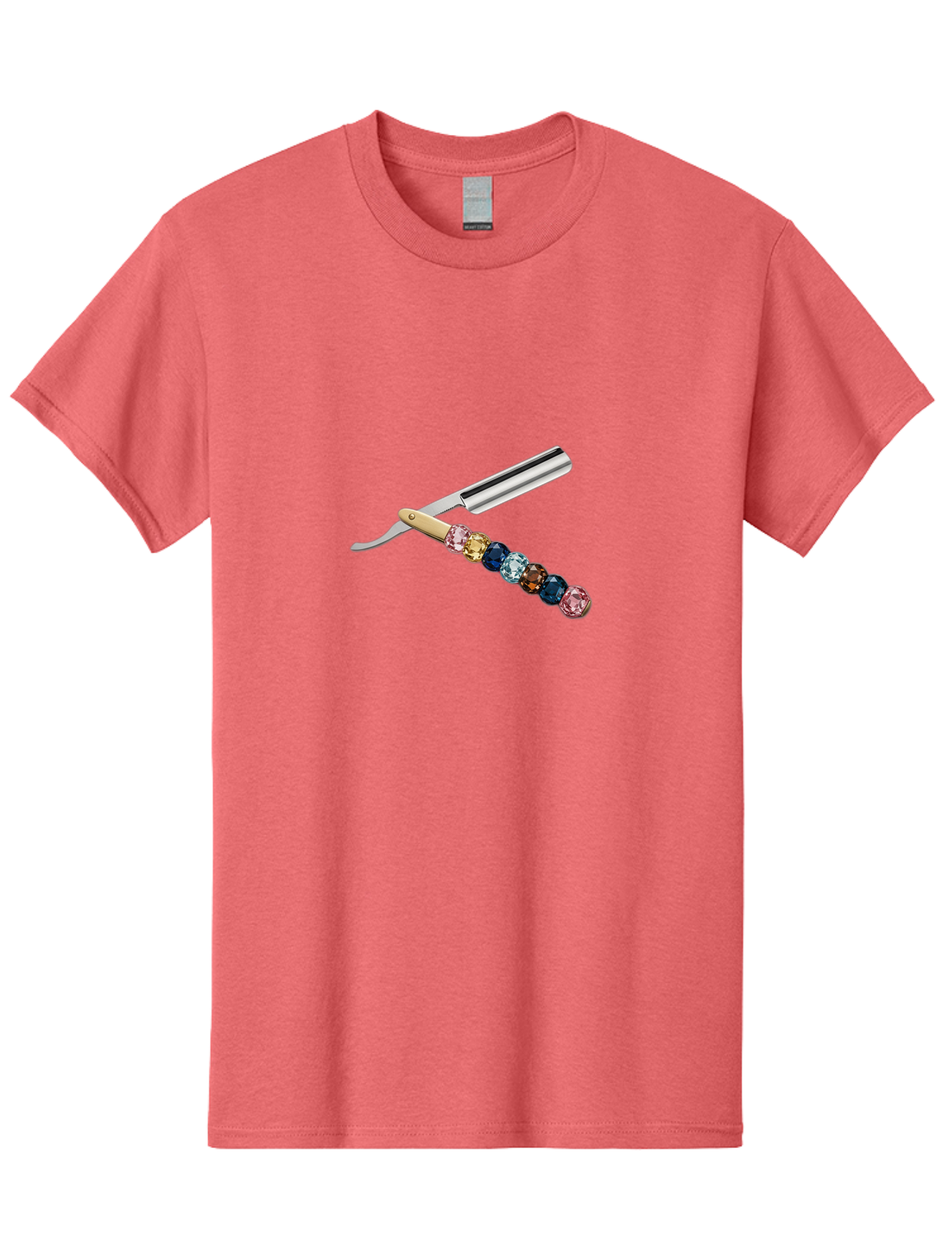 Straight-Razor-7 Men'S Graphic Tee, 100% Cotton, Comfortable Casual Summer Wear, Machine Washable, Straight Razor, Shaving Tool, Sharp Blade, Metallic Finish, Rhinestone Handle, Multi-Colored Gems, Luxurious Grooming, Vintage Shaving, Bad733