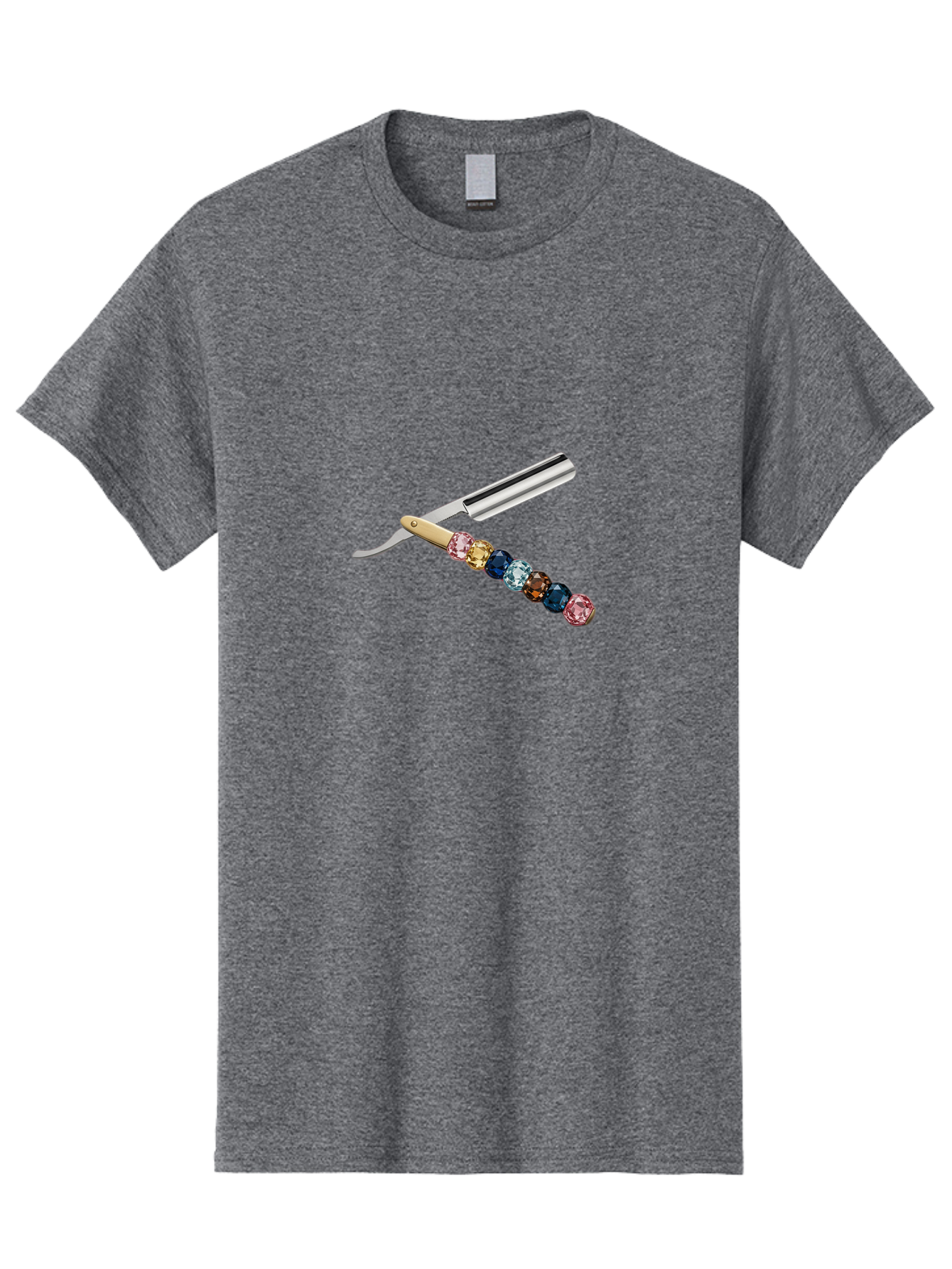 Straight-Razor-7 Men'S Graphic Tee, 100% Cotton, Comfortable Casual Summer Wear, Machine Washable, Straight Razor, Shaving Tool, Sharp Blade, Metallic Finish, Rhinestone Handle, Multi-Colored Gems, Luxurious Grooming, Vintage Shaving, Bad733