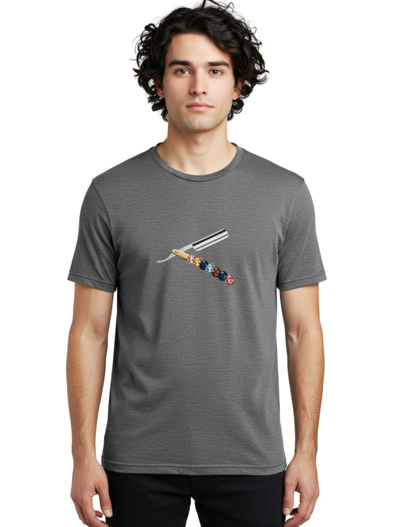 Straight-Razor-7 Men'S Graphic Tee, 100% Cotton, Comfortable Casual Summer Wear, Machine Washable, Straight Razor, Shaving Tool, Sharp Blade, Metallic Finish, Rhinestone Handle, Multi-Colored Gems, Luxurious Grooming, Vintage Shaving, Bad733