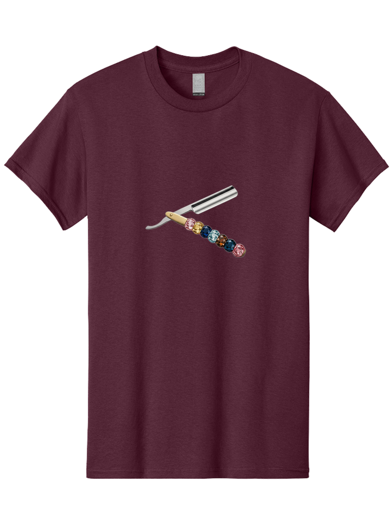 Straight-Razor-7 Men'S Graphic Tee, 100% Cotton, Comfortable Casual Summer Wear, Machine Washable, Straight Razor, Shaving Tool, Sharp Blade, Metallic Finish, Rhinestone Handle, Multi-Colored Gems, Luxurious Grooming, Vintage Shaving, Bad733