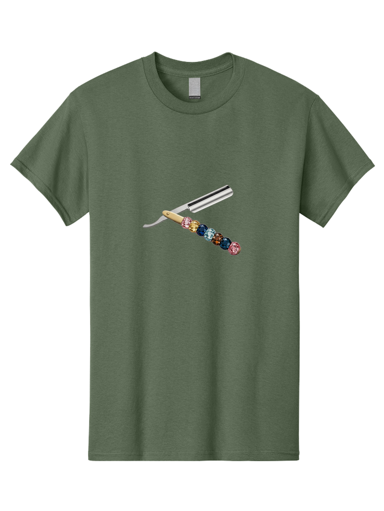 Straight-Razor-7 Men'S Graphic Tee, 100% Cotton, Comfortable Casual Summer Wear, Machine Washable, Straight Razor, Shaving Tool, Sharp Blade, Metallic Finish, Rhinestone Handle, Multi-Colored Gems, Luxurious Grooming, Vintage Shaving, Bad733