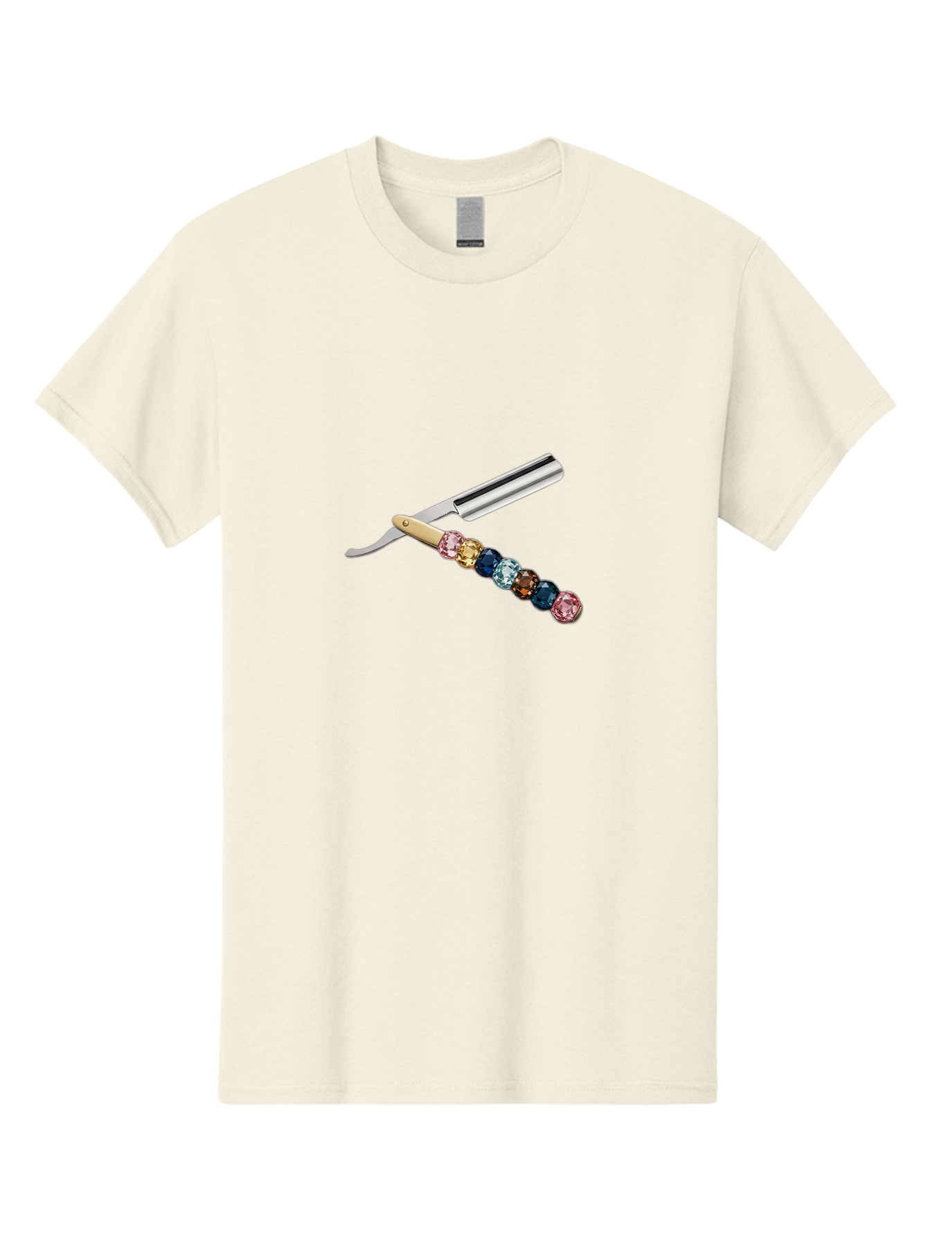 Straight-Razor-7 Men'S Graphic Tee, 100% Cotton, Comfortable Casual Summer Wear, Machine Washable, Straight Razor, Shaving Tool, Sharp Blade, Metallic Finish, Rhinestone Handle, Multi-Colored Gems, Luxurious Grooming, Vintage Shaving, Bad733