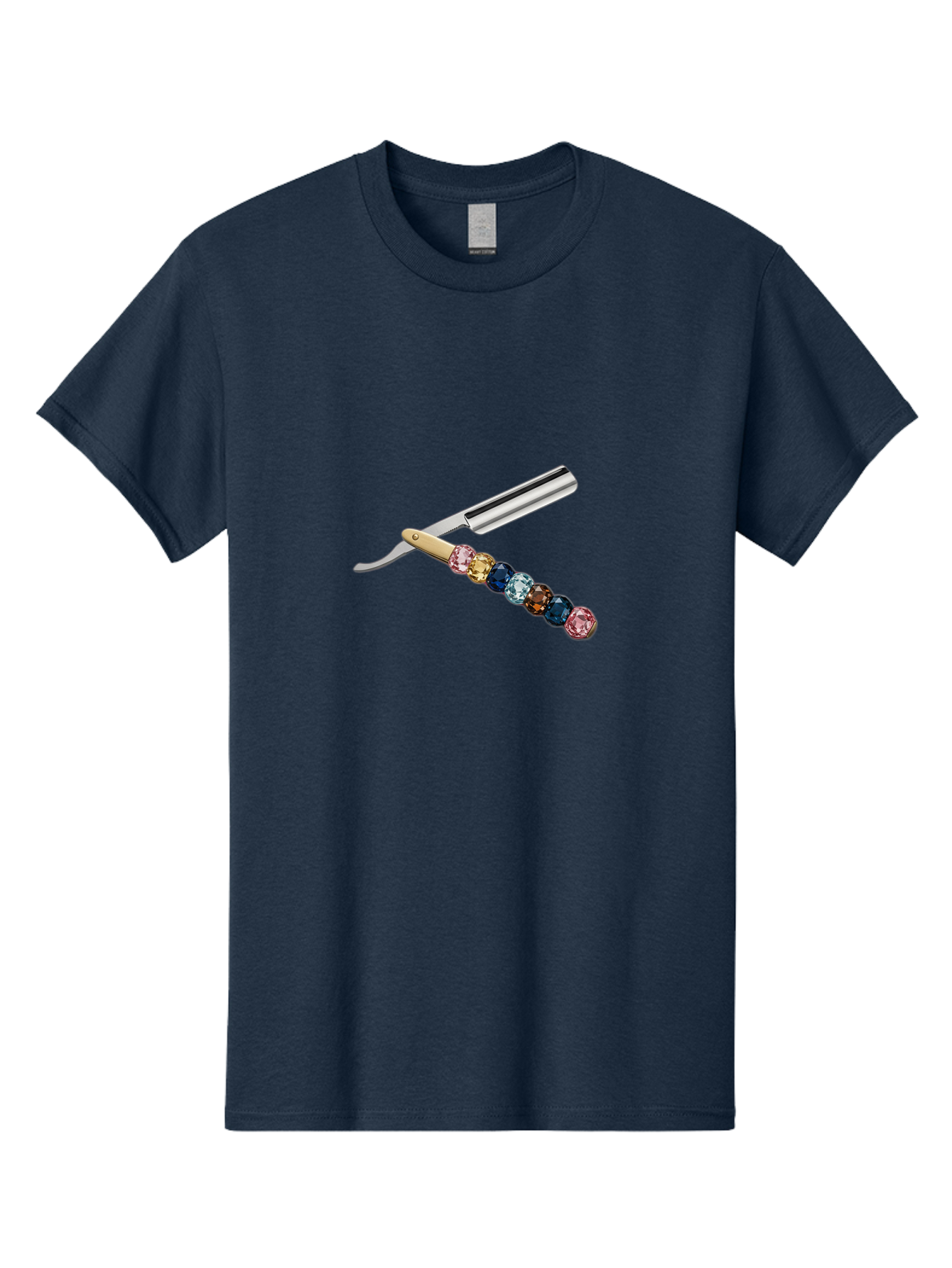 Straight-Razor-7 Men'S Graphic Tee, 100% Cotton, Comfortable Casual Summer Wear, Machine Washable, Straight Razor, Shaving Tool, Sharp Blade, Metallic Finish, Rhinestone Handle, Multi-Colored Gems, Luxurious Grooming, Vintage Shaving, Bad733