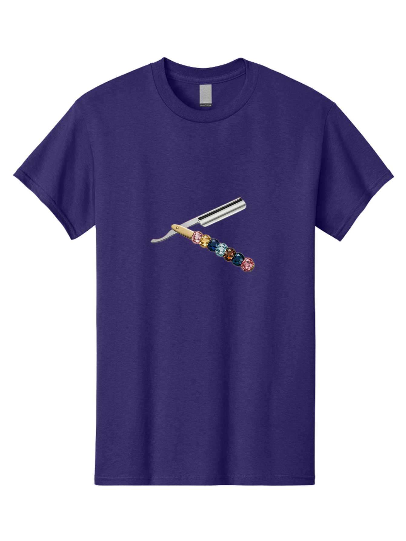 Straight-Razor-7 Men'S Graphic Tee, 100% Cotton, Comfortable Casual Summer Wear, Machine Washable, Straight Razor, Shaving Tool, Sharp Blade, Metallic Finish, Rhinestone Handle, Multi-Colored Gems, Luxurious Grooming, Vintage Shaving, Bad733
