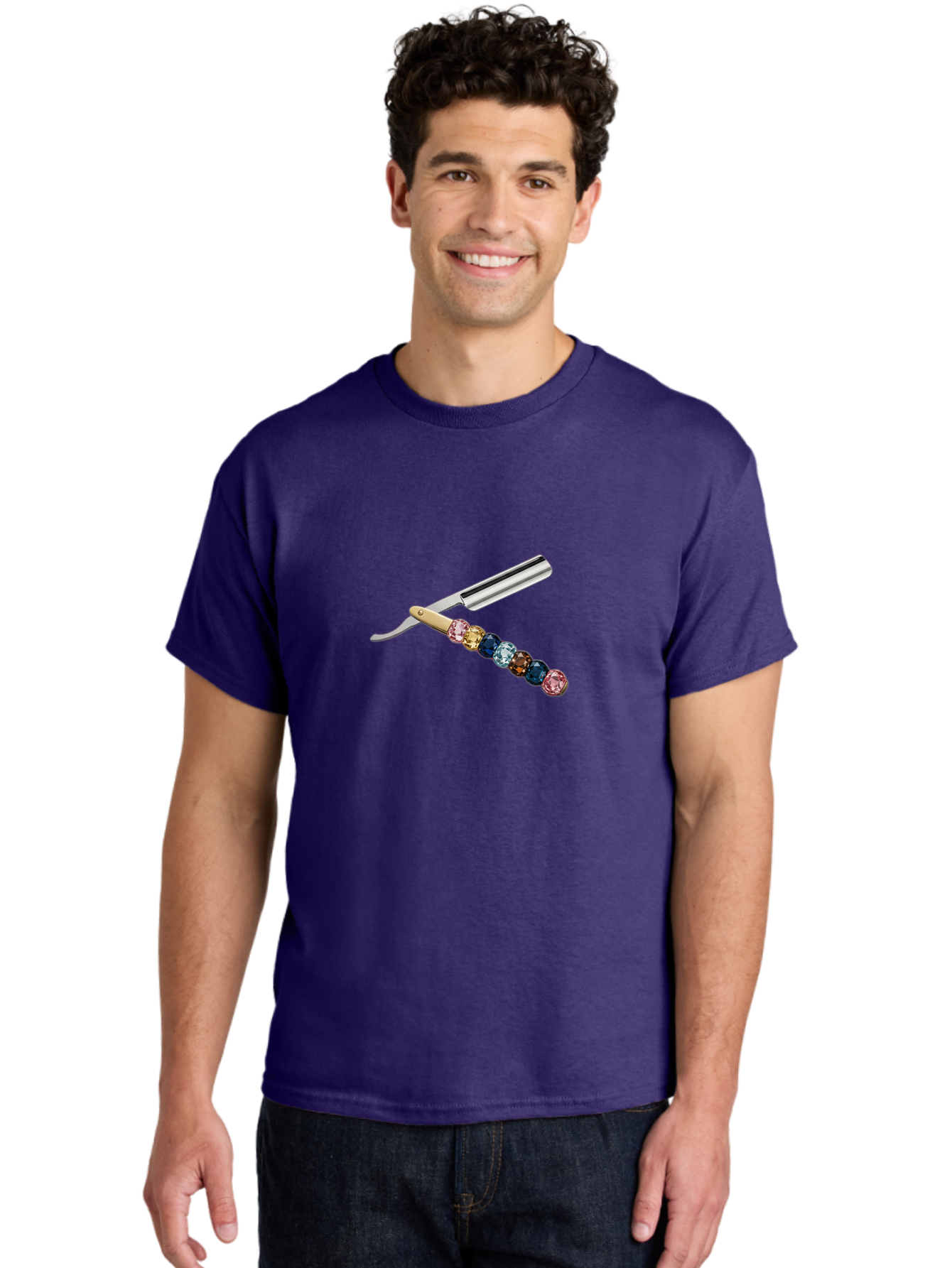 Straight-Razor-7 Men'S Graphic Tee, 100% Cotton, Comfortable Casual Summer Wear, Machine Washable, Straight Razor, Shaving Tool, Sharp Blade, Metallic Finish, Rhinestone Handle, Multi-Colored Gems, Luxurious Grooming, Vintage Shaving, Bad733