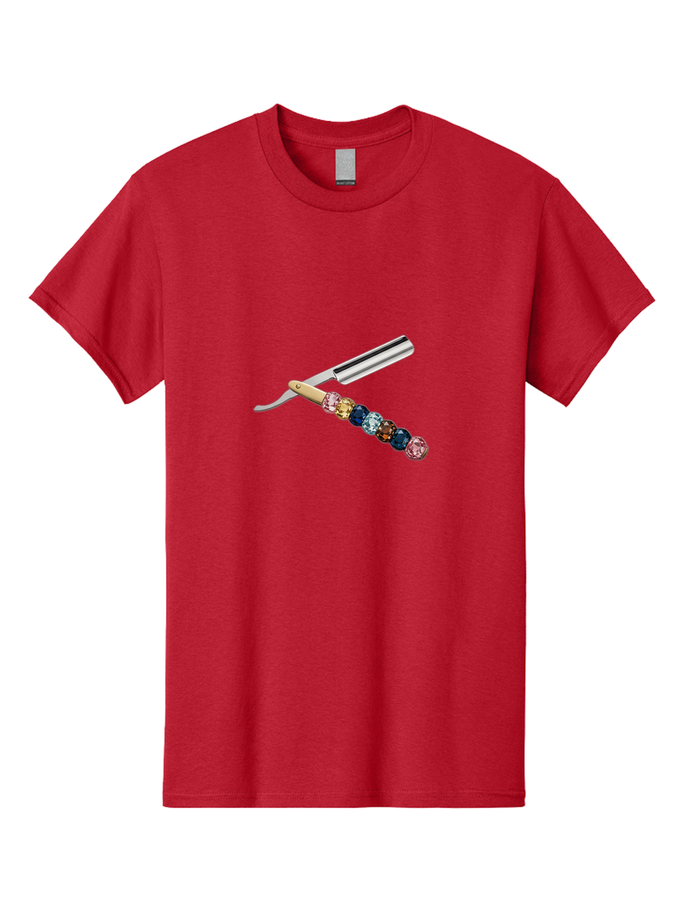 Straight-Razor-7 Men'S Graphic Tee, 100% Cotton, Comfortable Casual Summer Wear, Machine Washable, Straight Razor, Shaving Tool, Sharp Blade, Metallic Finish, Rhinestone Handle, Multi-Colored Gems, Luxurious Grooming, Vintage Shaving, Bad733