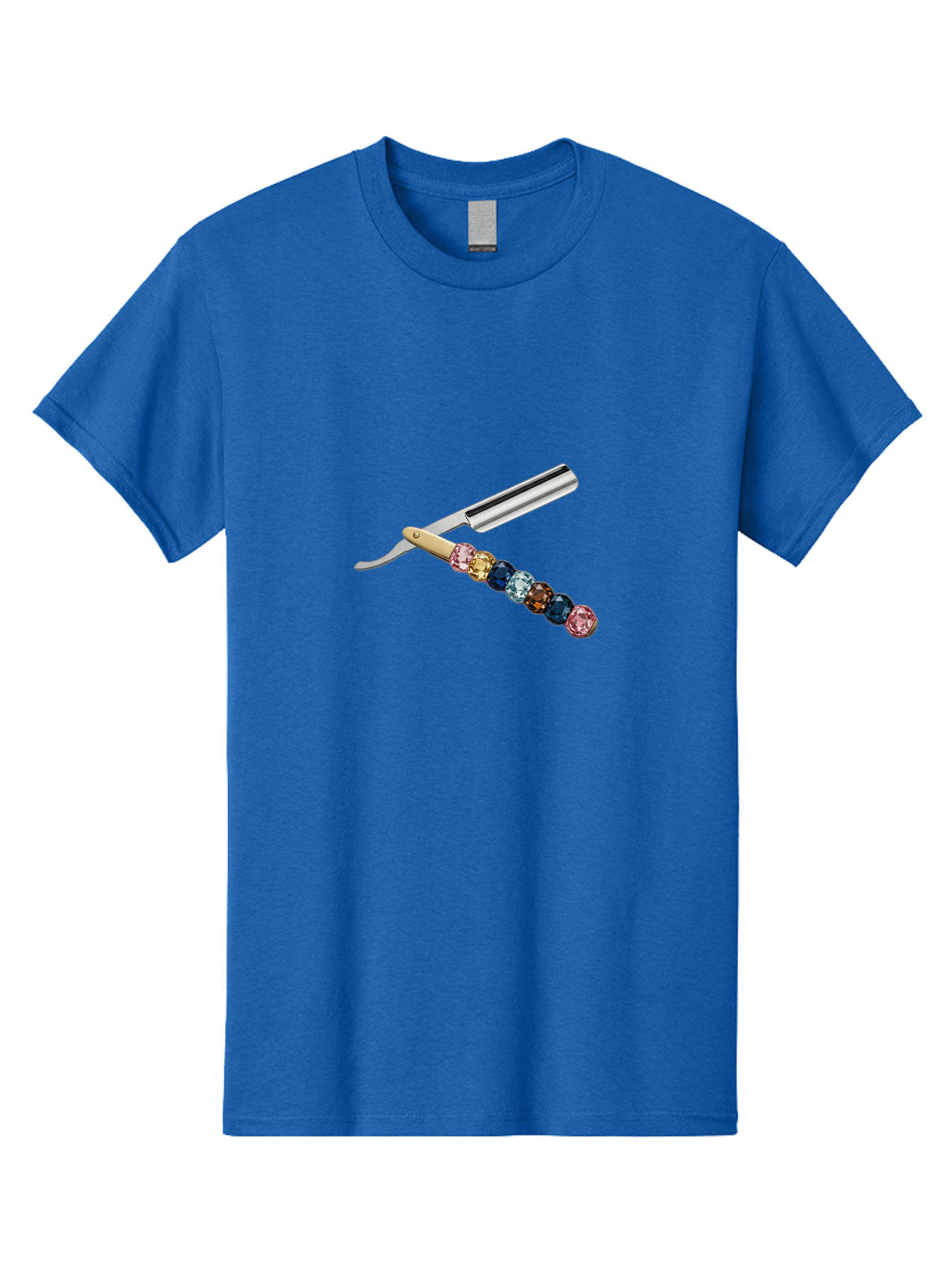 Straight-Razor-7 Men'S Graphic Tee, 100% Cotton, Comfortable Casual Summer Wear, Machine Washable, Straight Razor, Shaving Tool, Sharp Blade, Metallic Finish, Rhinestone Handle, Multi-Colored Gems, Luxurious Grooming, Vintage Shaving, Bad733