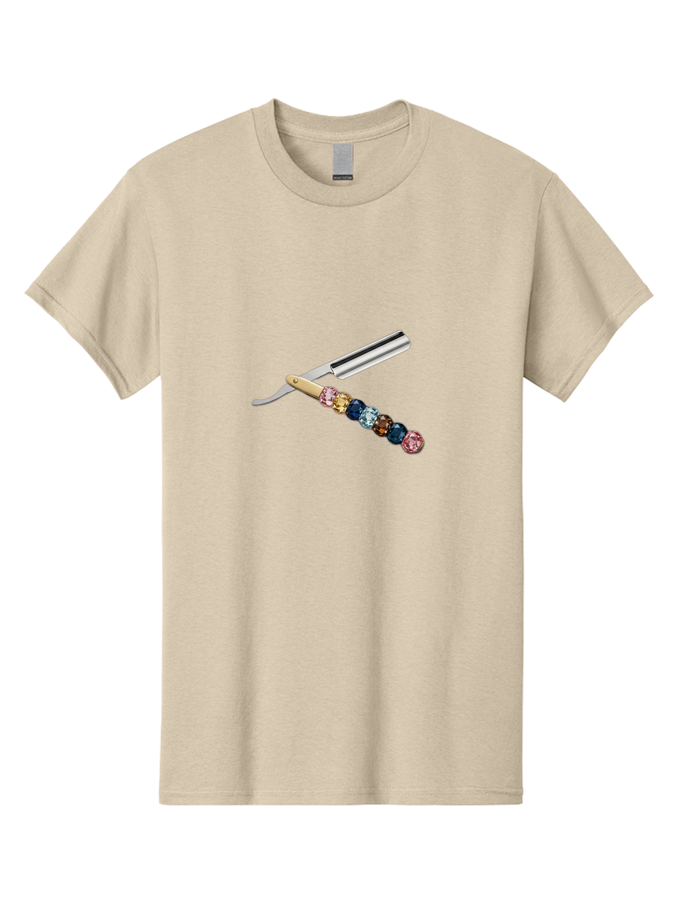 Straight-Razor-7 Men'S Graphic Tee, 100% Cotton, Comfortable Casual Summer Wear, Machine Washable, Straight Razor, Shaving Tool, Sharp Blade, Metallic Finish, Rhinestone Handle, Multi-Colored Gems, Luxurious Grooming, Vintage Shaving, Bad733
