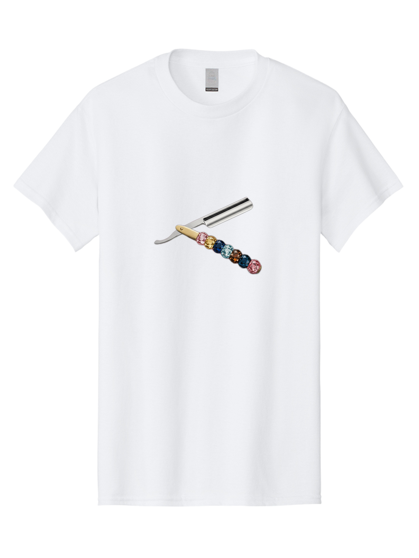 Straight-Razor-7 Men'S Graphic Tee, 100% Cotton, Comfortable Casual Summer Wear, Machine Washable, Straight Razor, Shaving Tool, Sharp Blade, Metallic Finish, Rhinestone Handle, Multi-Colored Gems, Luxurious Grooming, Vintage Shaving, Bad733