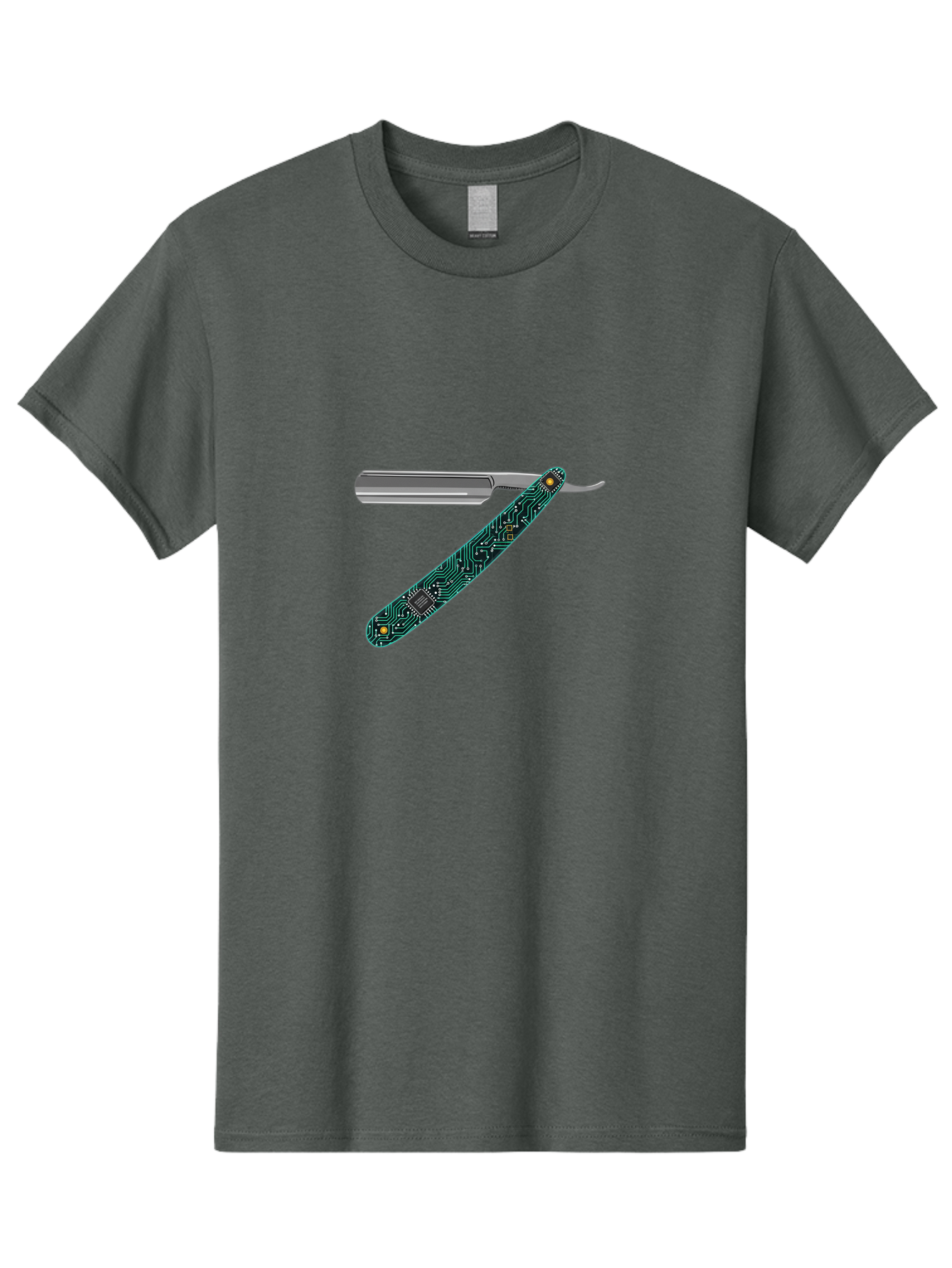 Straight-Razor-8 Men'S Graphic Tee, 100% Cotton, Comfortable Casual Summer Wear, Machine Washable, Straight Razor, Circuit Board Design, Silver Razor, Tech Meets Tradition, Precision Shaving, Modern Twist, Digital Integration, Sleek Metal Bad734