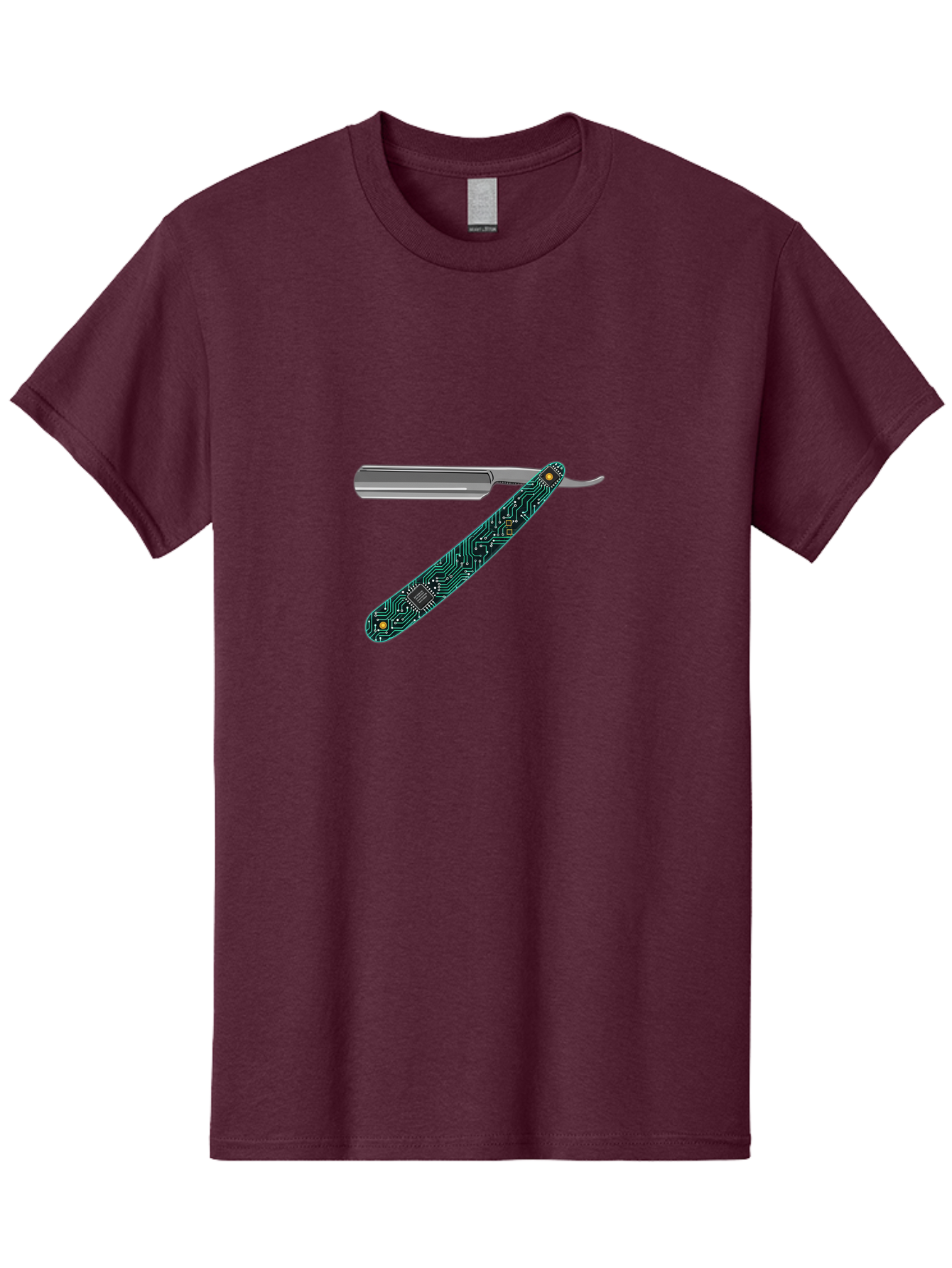Straight-Razor-8 Men'S Graphic Tee, 100% Cotton, Comfortable Casual Summer Wear, Machine Washable, Straight Razor, Circuit Board Design, Silver Razor, Tech Meets Tradition, Precision Shaving, Modern Twist, Digital Integration, Sleek Metal Bad734