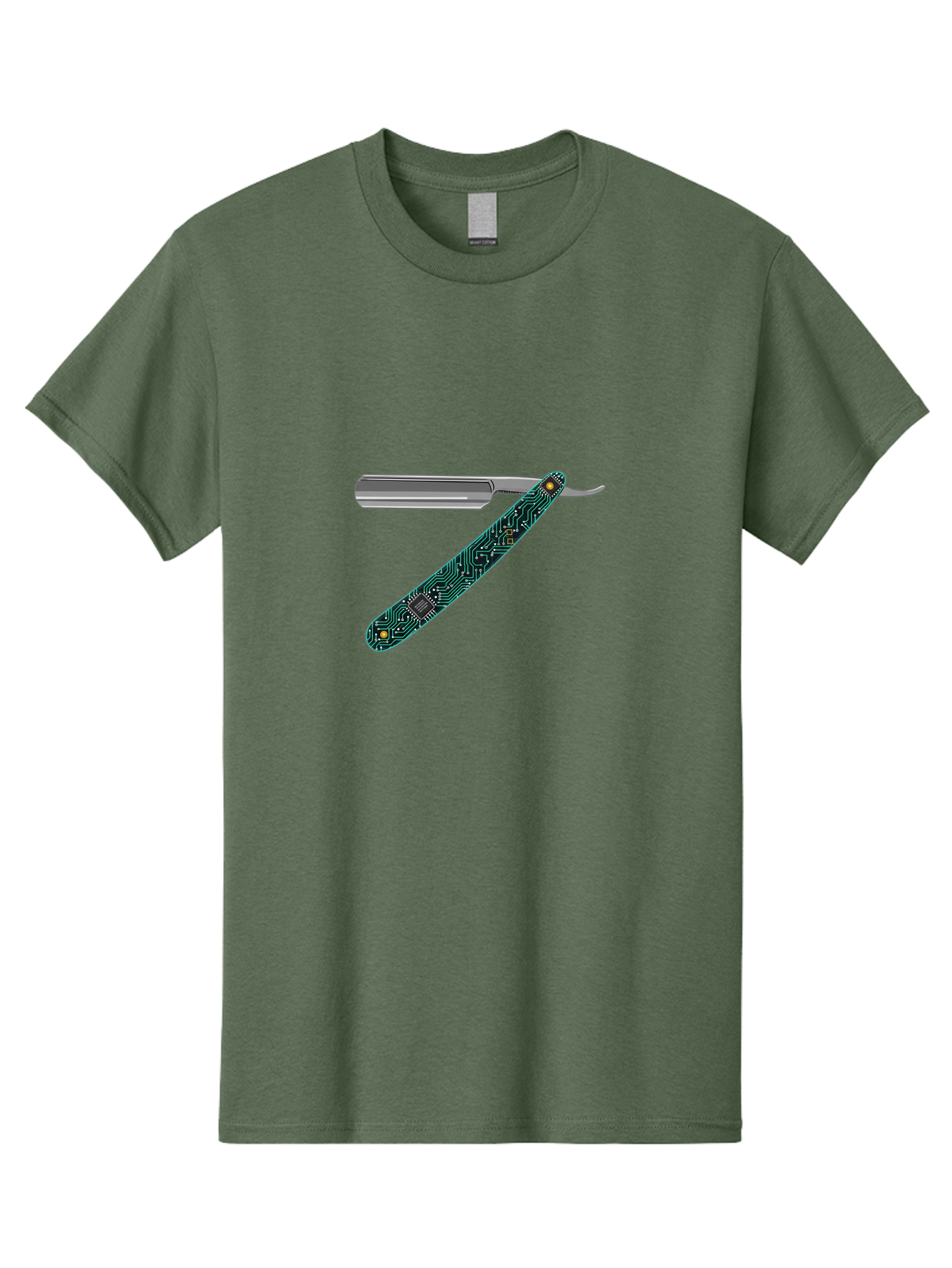 Straight-Razor-8 Men'S Graphic Tee, 100% Cotton, Comfortable Casual Summer Wear, Machine Washable, Straight Razor, Circuit Board Design, Silver Razor, Tech Meets Tradition, Precision Shaving, Modern Twist, Digital Integration, Sleek Metal Bad734