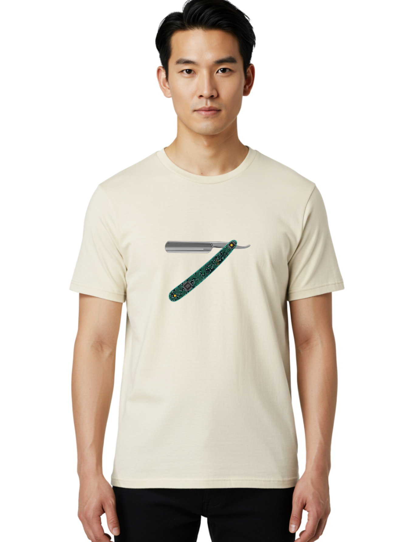 Straight-Razor-8 Men'S Graphic Tee, 100% Cotton, Comfortable Casual Summer Wear, Machine Washable, Straight Razor, Circuit Board Design, Silver Razor, Tech Meets Tradition, Precision Shaving, Modern Twist, Digital Integration, Sleek Metal Bad734