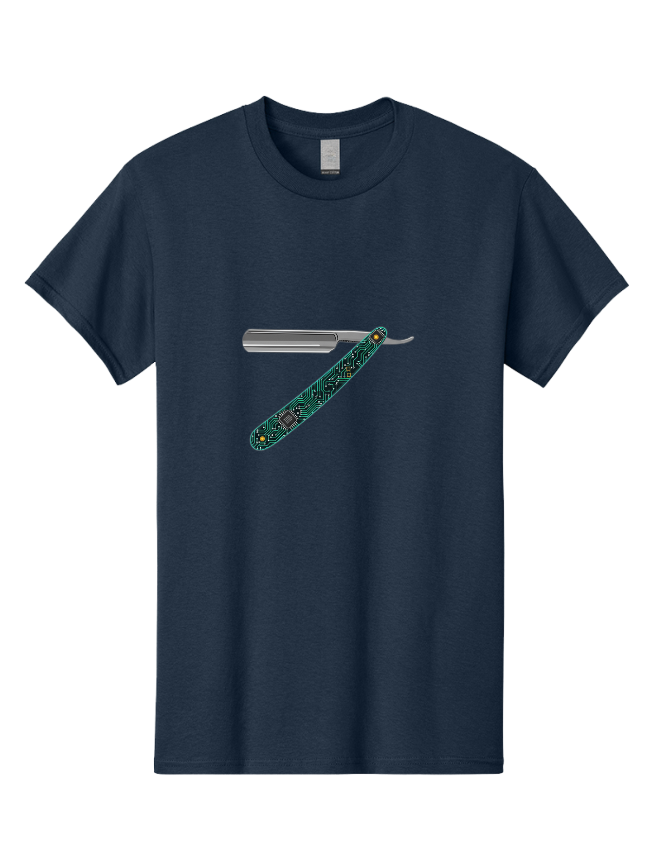 Straight-Razor-8 Men'S Graphic Tee, 100% Cotton, Comfortable Casual Summer Wear, Machine Washable, Straight Razor, Circuit Board Design, Silver Razor, Tech Meets Tradition, Precision Shaving, Modern Twist, Digital Integration, Sleek Metal Bad734