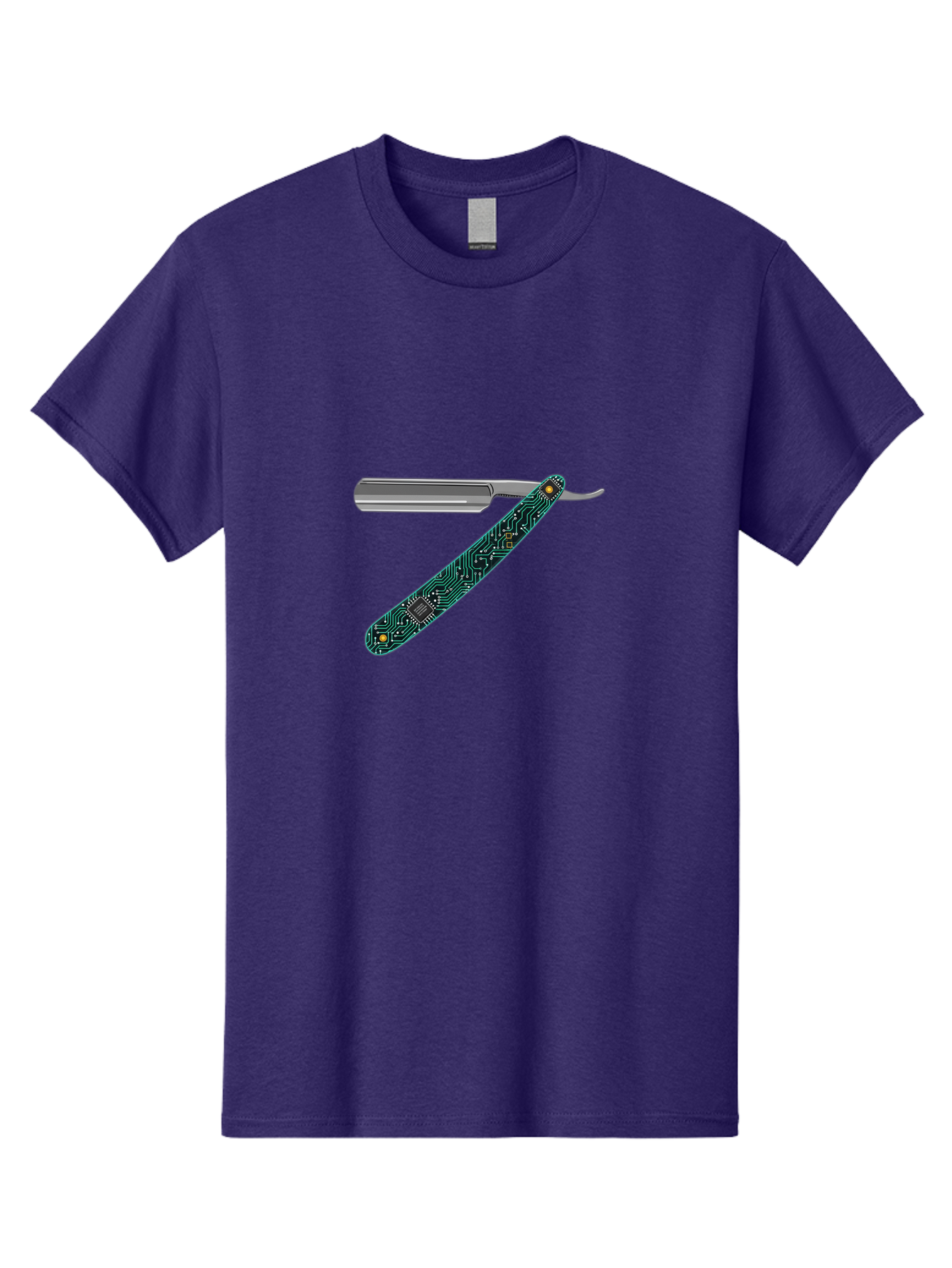 Straight-Razor-8 Men'S Graphic Tee, 100% Cotton, Comfortable Casual Summer Wear, Machine Washable, Straight Razor, Circuit Board Design, Silver Razor, Tech Meets Tradition, Precision Shaving, Modern Twist, Digital Integration, Sleek Metal Bad734