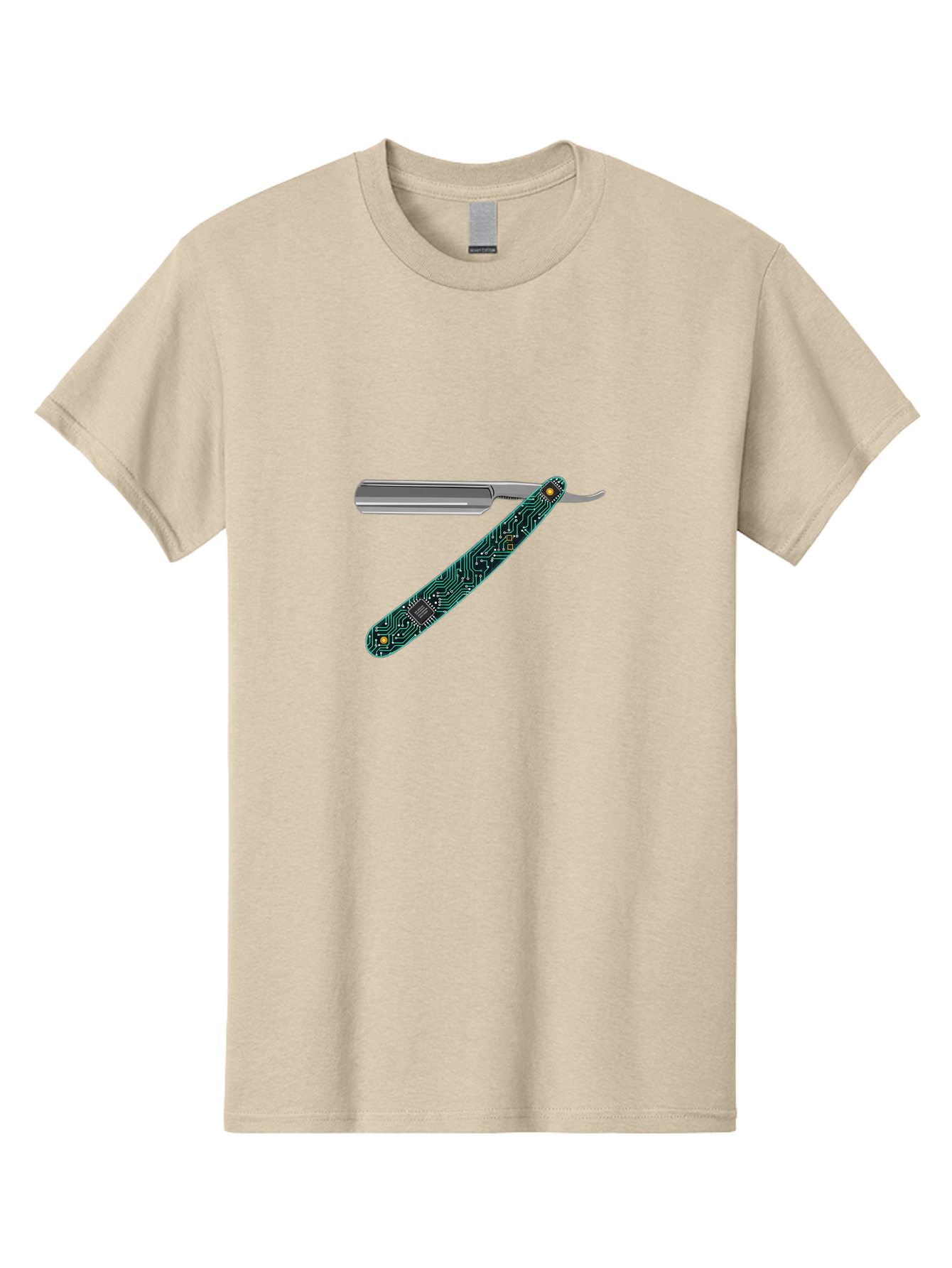 Straight-Razor-8 Men'S Graphic Tee, 100% Cotton, Comfortable Casual Summer Wear, Machine Washable, Straight Razor, Circuit Board Design, Silver Razor, Tech Meets Tradition, Precision Shaving, Modern Twist, Digital Integration, Sleek Metal Bad734