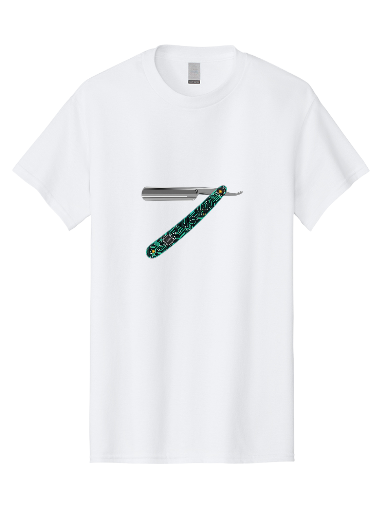 Straight-Razor-8 Men'S Graphic Tee, 100% Cotton, Comfortable Casual Summer Wear, Machine Washable, Straight Razor, Circuit Board Design, Silver Razor, Tech Meets Tradition, Precision Shaving, Modern Twist, Digital Integration, Sleek Metal Bad734