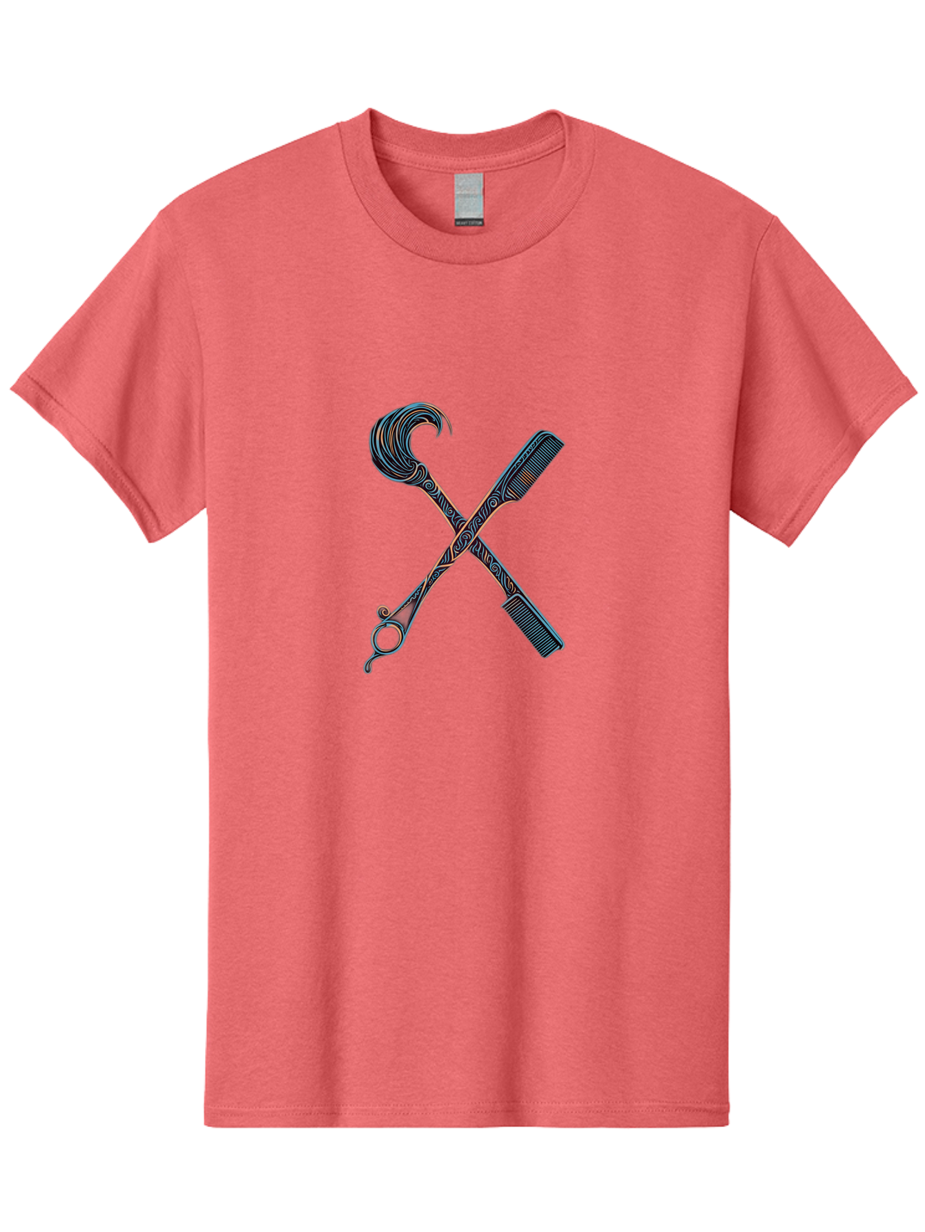 Straight-Razor-And-Comb Men'S Graphic Tee, 100% Cotton, Comfortable Casual Summer Wear, Machine Washable, Crossed Straight Razor Scissors, Comb, Barber Tools, Vintage Design, Intricate Patterns, Traditional Grooming, Classic Style, Bad735