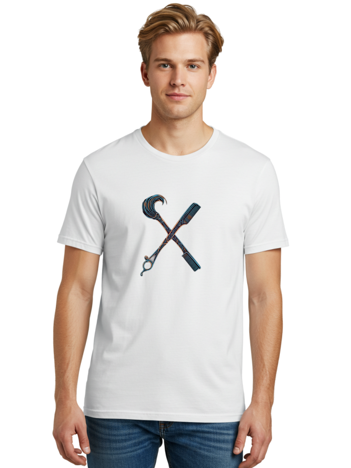 Straight-Razor-And-Comb Men'S Graphic Tee, 100% Cotton, Comfortable Casual Summer Wear, Machine Washable, Crossed Straight Razor Scissors, Comb, Barber Tools, Vintage Design, Intricate Patterns, Traditional Grooming, Classic Style, Bad735