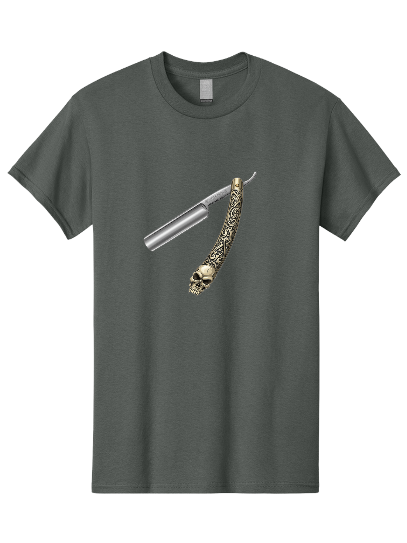 Straight-Razor-With-Skull Men'S Graphic Tee, 100% Cotton, Comfortable Casual Summer Wear, Machine Washable, Straight Razor, Skull Handle, Ornate Design, Vintage Style, Metal Craftsmanship, Traditional Shaving, Edgy Grooming, Unique Accessory Bad736
