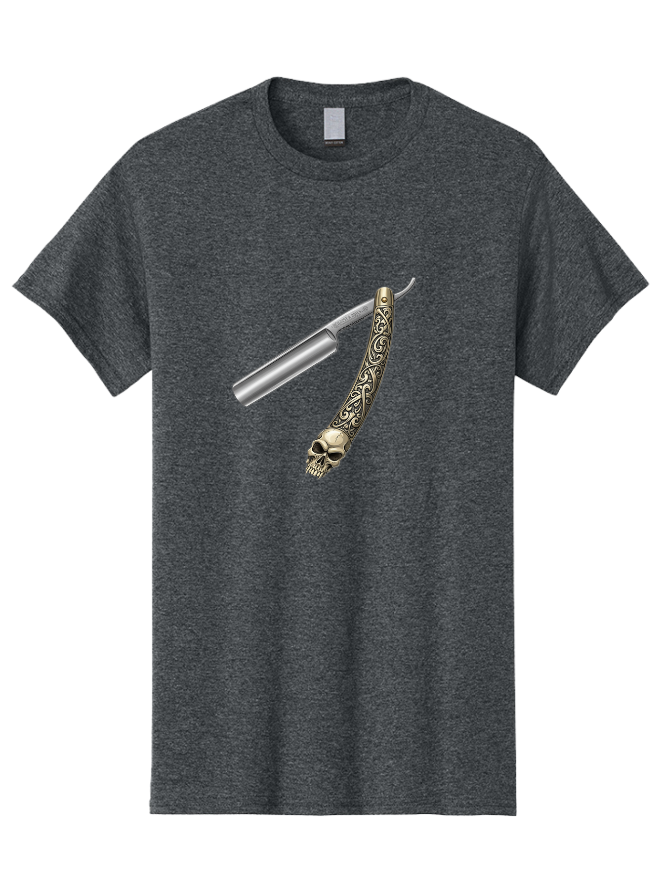 Straight-Razor-With-Skull Men'S Graphic Tee, 100% Cotton, Comfortable Casual Summer Wear, Machine Washable, Straight Razor, Skull Handle, Ornate Design, Vintage Style, Metal Craftsmanship, Traditional Shaving, Edgy Grooming, Unique Accessory Bad736