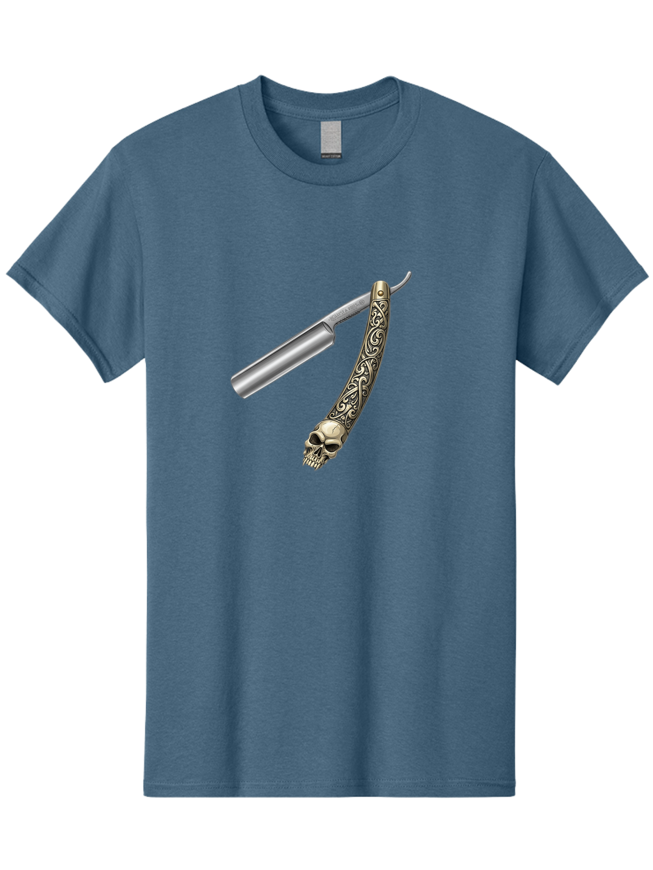 Straight-Razor-With-Skull Men'S Graphic Tee, 100% Cotton, Comfortable Casual Summer Wear, Machine Washable, Straight Razor, Skull Handle, Ornate Design, Vintage Style, Metal Craftsmanship, Traditional Shaving, Edgy Grooming, Unique Accessory Bad736