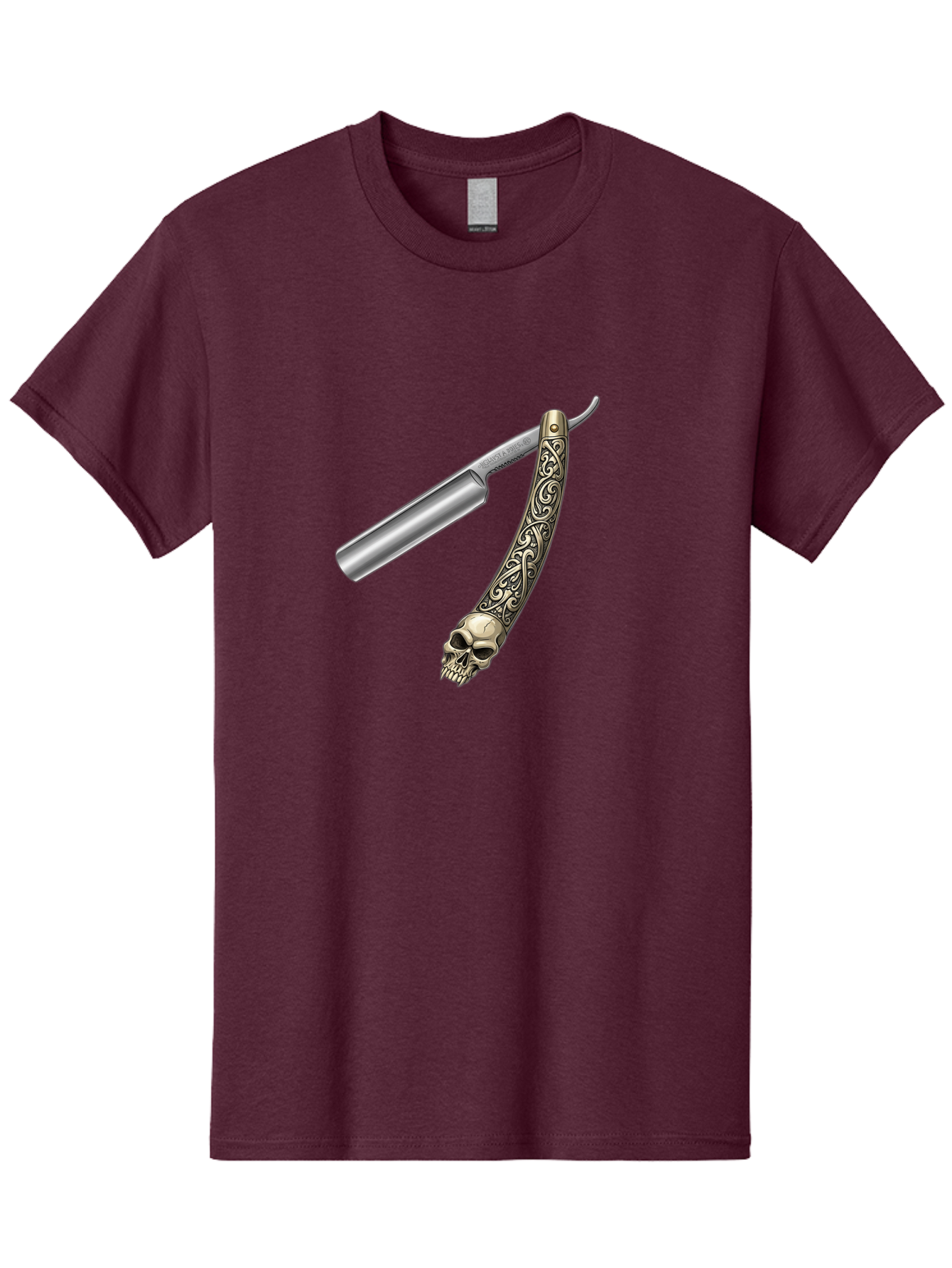 Straight-Razor-With-Skull Men'S Graphic Tee, 100% Cotton, Comfortable Casual Summer Wear, Machine Washable, Straight Razor, Skull Handle, Ornate Design, Vintage Style, Metal Craftsmanship, Traditional Shaving, Edgy Grooming, Unique Accessory Bad736
