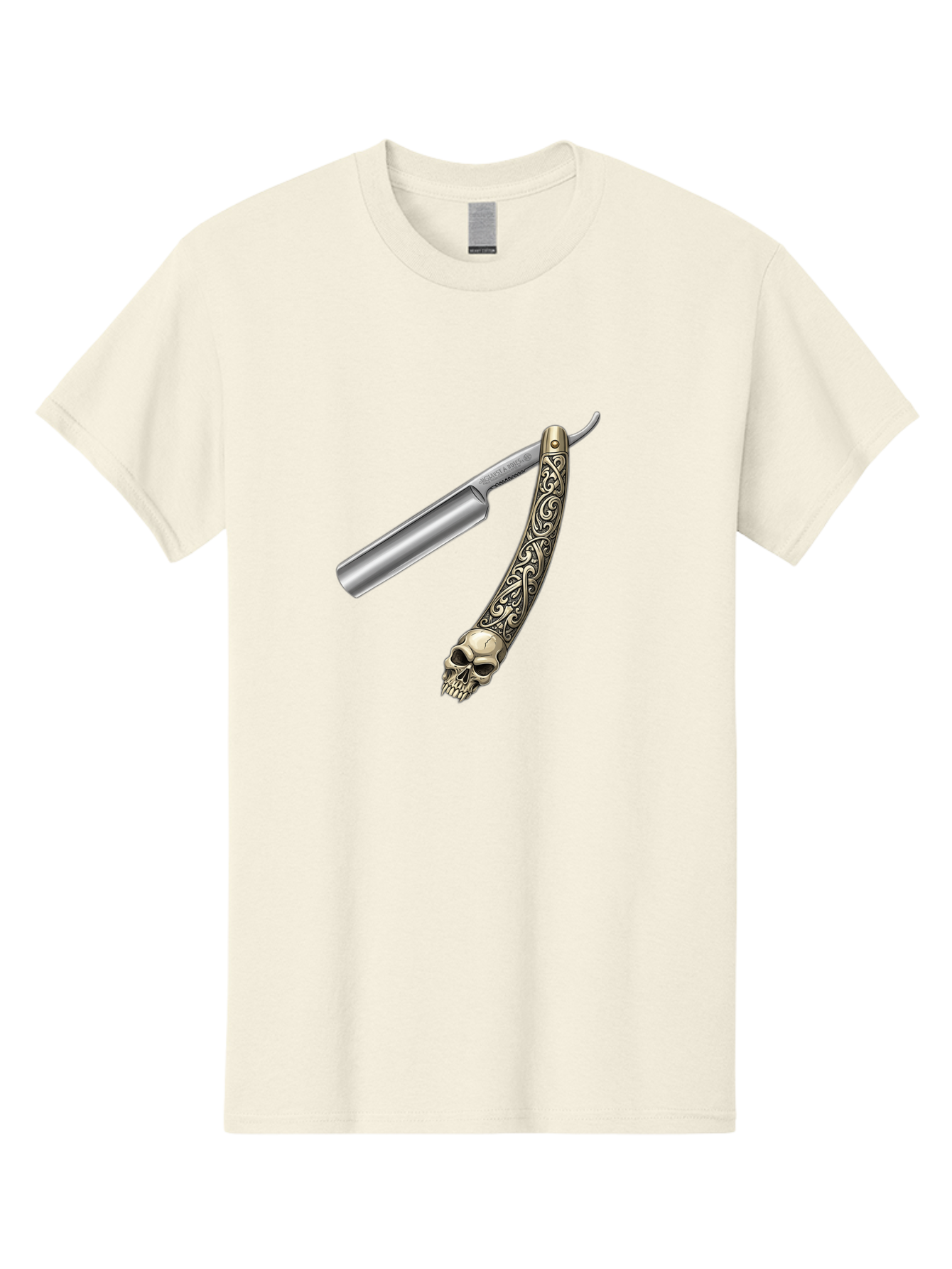 Straight-Razor-With-Skull Men'S Graphic Tee, 100% Cotton, Comfortable Casual Summer Wear, Machine Washable, Straight Razor, Skull Handle, Ornate Design, Vintage Style, Metal Craftsmanship, Traditional Shaving, Edgy Grooming, Unique Accessory Bad736
