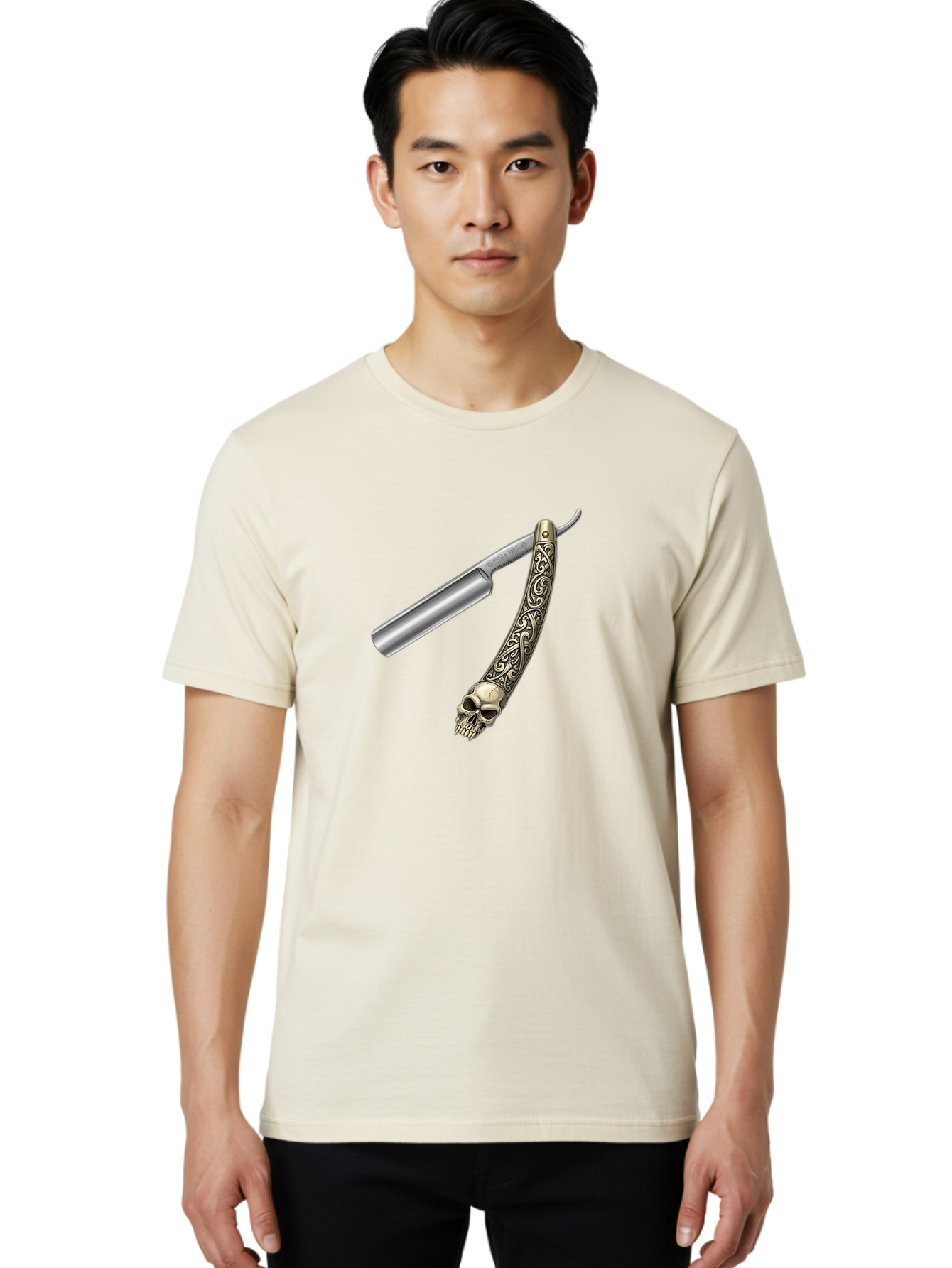 Straight-Razor-With-Skull Men'S Graphic Tee, 100% Cotton, Comfortable Casual Summer Wear, Machine Washable, Straight Razor, Skull Handle, Ornate Design, Vintage Style, Metal Craftsmanship, Traditional Shaving, Edgy Grooming, Unique Accessory Bad736