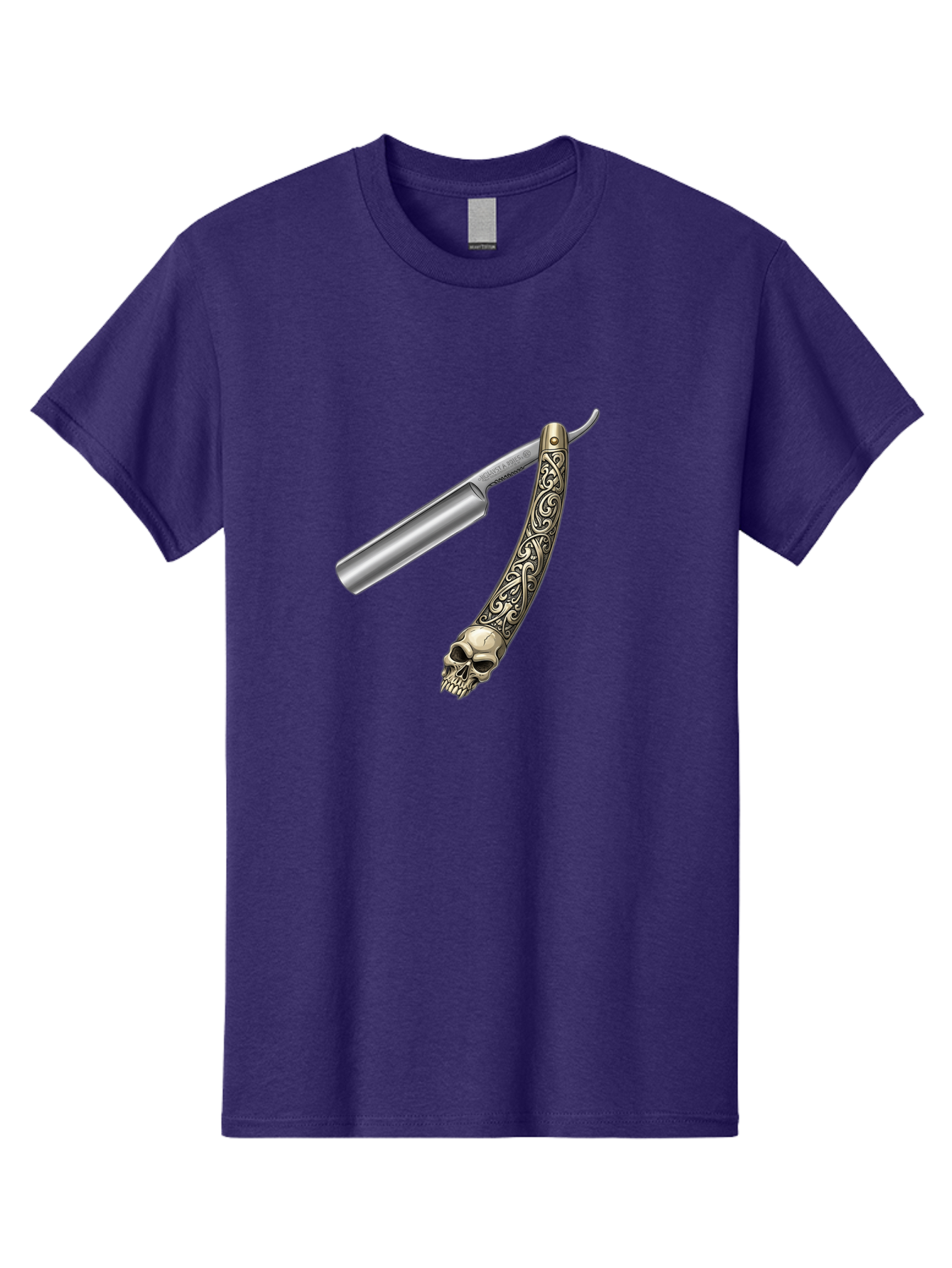 Straight-Razor-With-Skull Men'S Graphic Tee, 100% Cotton, Comfortable Casual Summer Wear, Machine Washable, Straight Razor, Skull Handle, Ornate Design, Vintage Style, Metal Craftsmanship, Traditional Shaving, Edgy Grooming, Unique Accessory Bad736