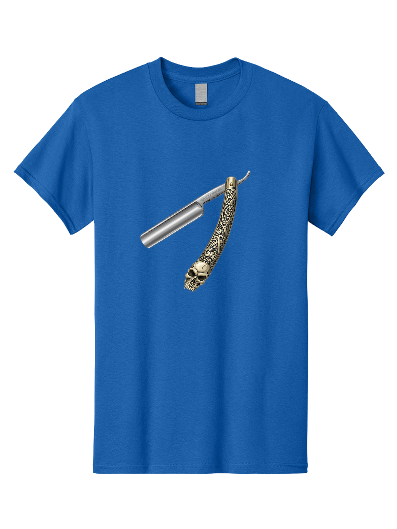 Straight-Razor-With-Skull Men'S Graphic Tee, 100% Cotton, Comfortable Casual Summer Wear, Machine Washable, Straight Razor, Skull Handle, Ornate Design, Vintage Style, Metal Craftsmanship, Traditional Shaving, Edgy Grooming, Unique Accessory Bad736