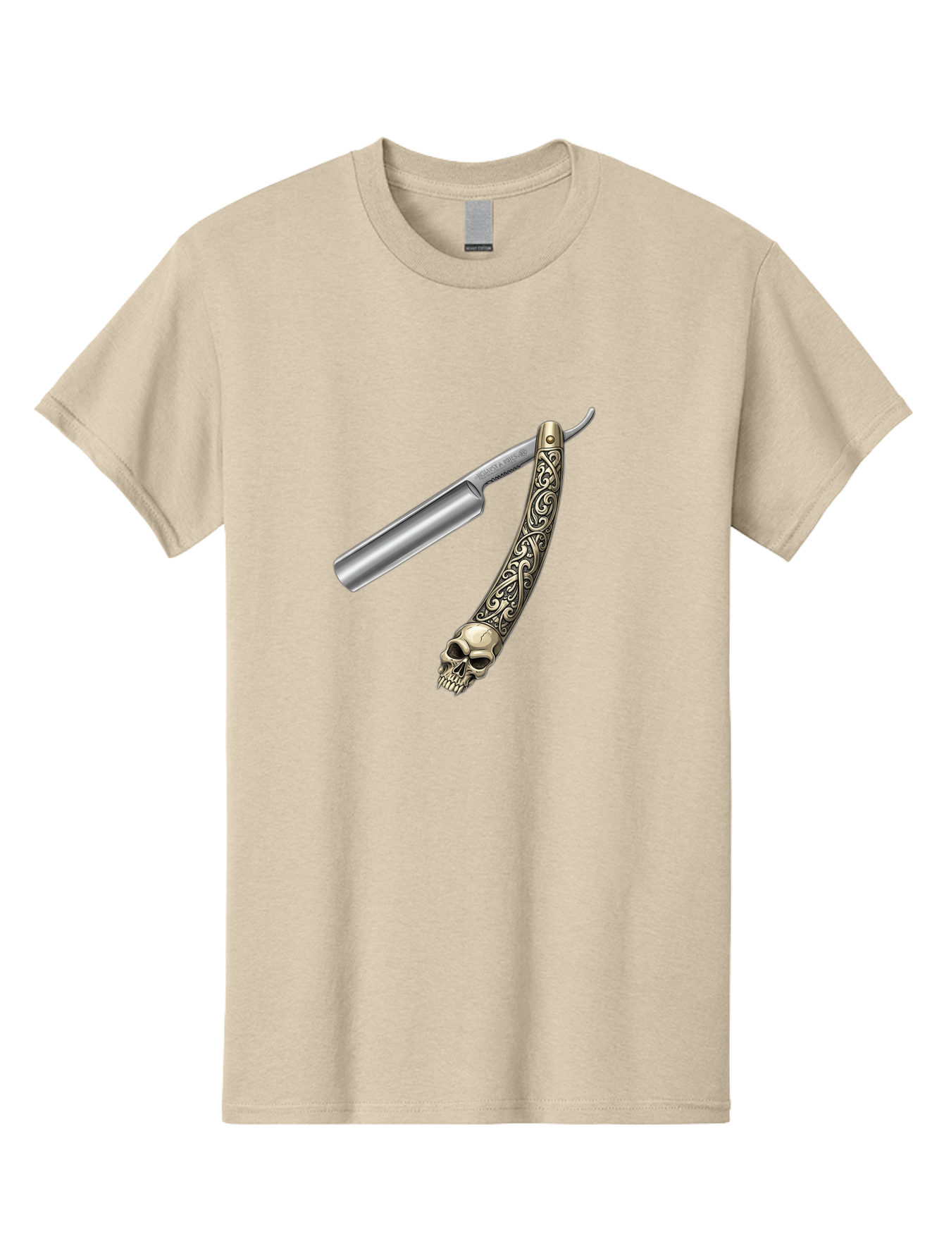 Straight-Razor-With-Skull Men'S Graphic Tee, 100% Cotton, Comfortable Casual Summer Wear, Machine Washable, Straight Razor, Skull Handle, Ornate Design, Vintage Style, Metal Craftsmanship, Traditional Shaving, Edgy Grooming, Unique Accessory Bad736