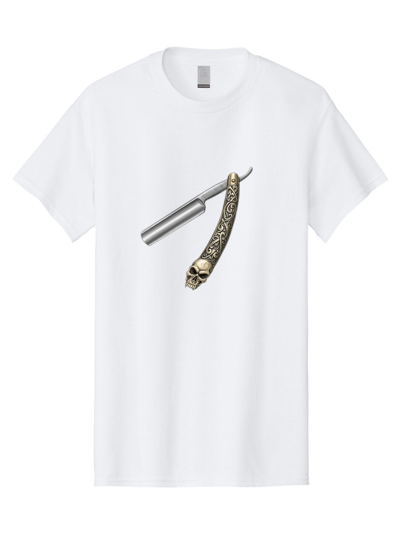 Straight-Razor-With-Skull Men'S Graphic Tee, 100% Cotton, Comfortable Casual Summer Wear, Machine Washable, Straight Razor, Skull Handle, Ornate Design, Vintage Style, Metal Craftsmanship, Traditional Shaving, Edgy Grooming, Unique Accessory Bad736