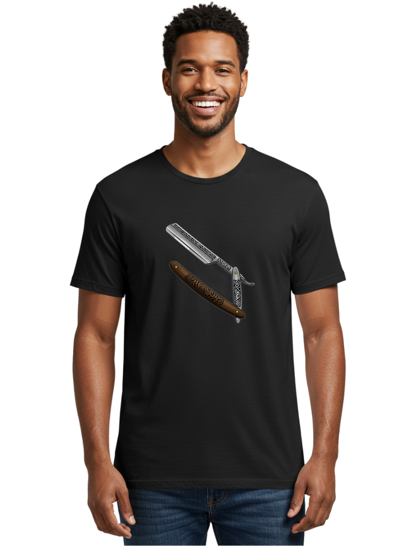 Straight-Razor Men'S Graphic Tee, 100% Cotton, Comfortable Casual Summer Wear, Machine Washable, Straight Razor, Shaving Razor, Vintage Grooming, Classic Shaving, Barber Tools, Ornate Design, Traditional Shaving, Men'S Grooming, Antique Razor Bad737