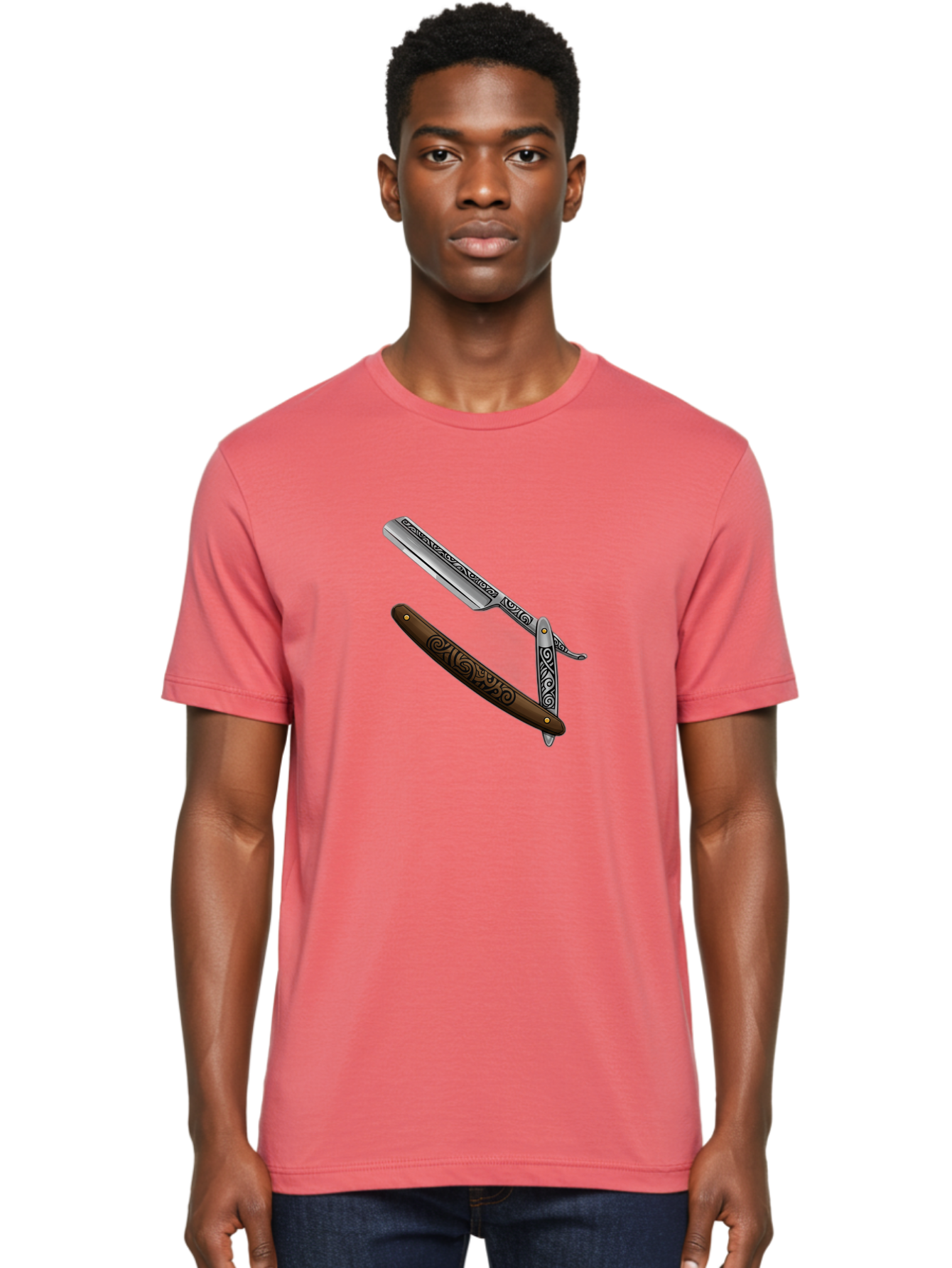 Straight-Razor Men'S Graphic Tee, 100% Cotton, Comfortable Casual Summer Wear, Machine Washable, Straight Razor, Shaving Razor, Vintage Grooming, Classic Shaving, Barber Tools, Ornate Design, Traditional Shaving, Men'S Grooming, Antique Razor Bad737