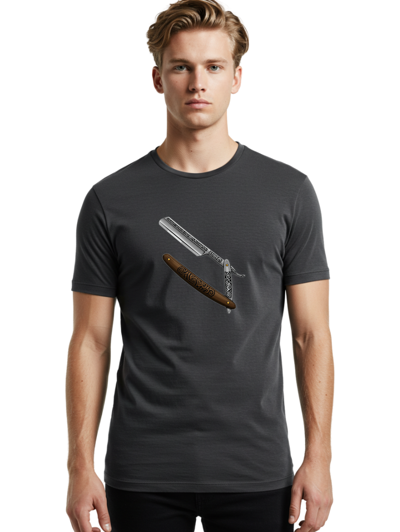 Straight-Razor Men'S Graphic Tee, 100% Cotton, Comfortable Casual Summer Wear, Machine Washable, Straight Razor, Shaving Razor, Vintage Grooming, Classic Shaving, Barber Tools, Ornate Design, Traditional Shaving, Men'S Grooming, Antique Razor Bad737