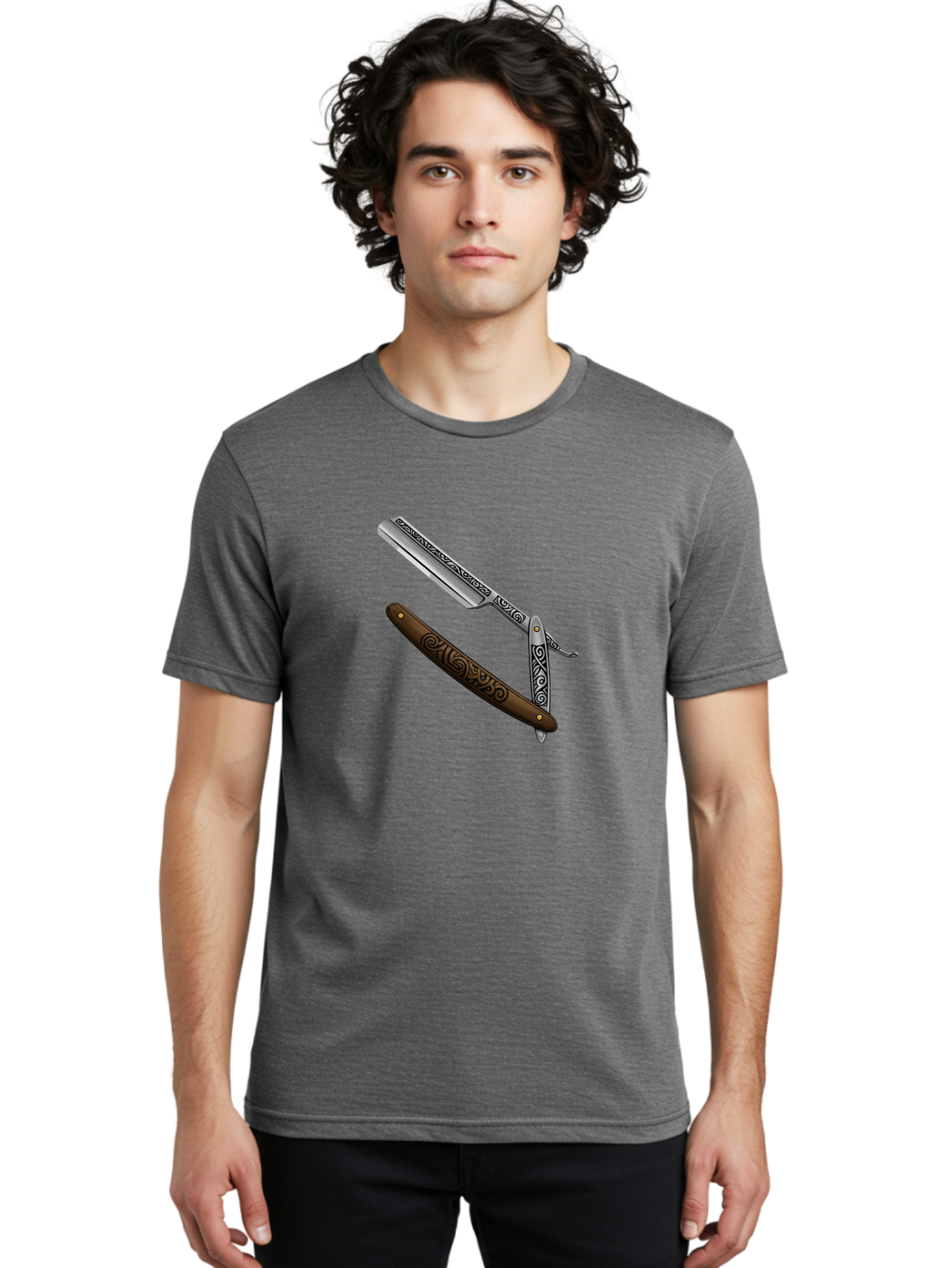 Straight-Razor Men'S Graphic Tee, 100% Cotton, Comfortable Casual Summer Wear, Machine Washable, Straight Razor, Shaving Razor, Vintage Grooming, Classic Shaving, Barber Tools, Ornate Design, Traditional Shaving, Men'S Grooming, Antique Razor Bad737