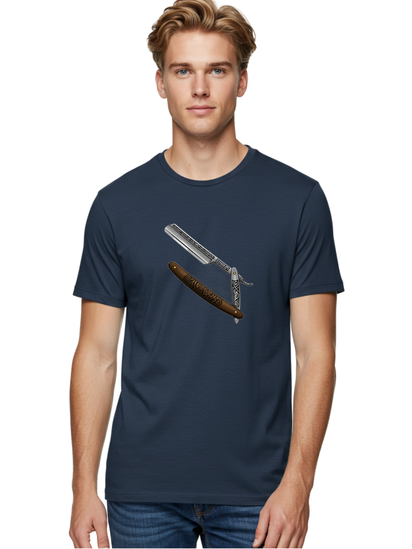 Straight-Razor Men'S Graphic Tee, 100% Cotton, Comfortable Casual Summer Wear, Machine Washable, Straight Razor, Shaving Razor, Vintage Grooming, Classic Shaving, Barber Tools, Ornate Design, Traditional Shaving, Men'S Grooming, Antique Razor Bad737