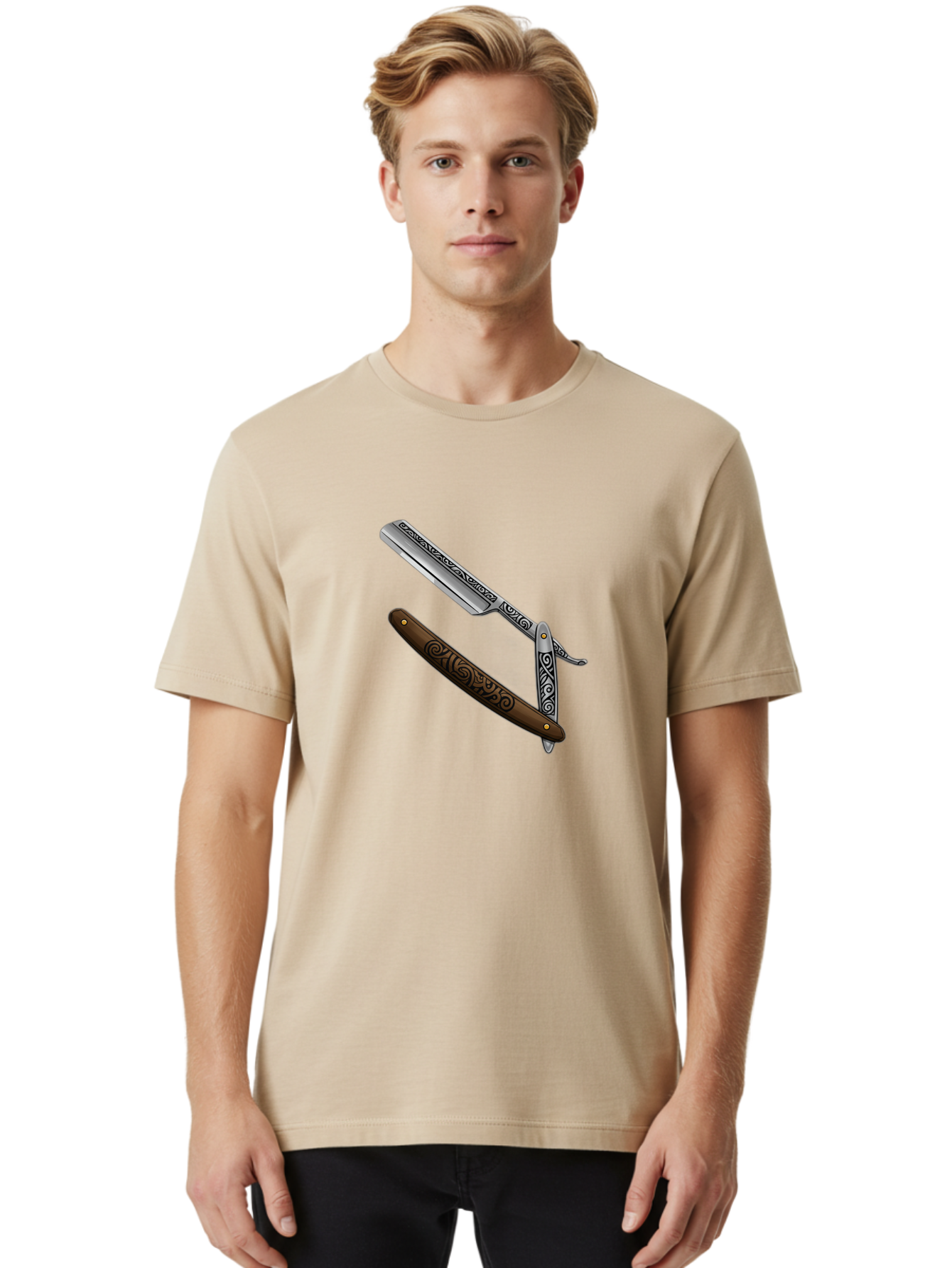 Straight-Razor Men'S Graphic Tee, 100% Cotton, Comfortable Casual Summer Wear, Machine Washable, Straight Razor, Shaving Razor, Vintage Grooming, Classic Shaving, Barber Tools, Ornate Design, Traditional Shaving, Men'S Grooming, Antique Razor Bad737