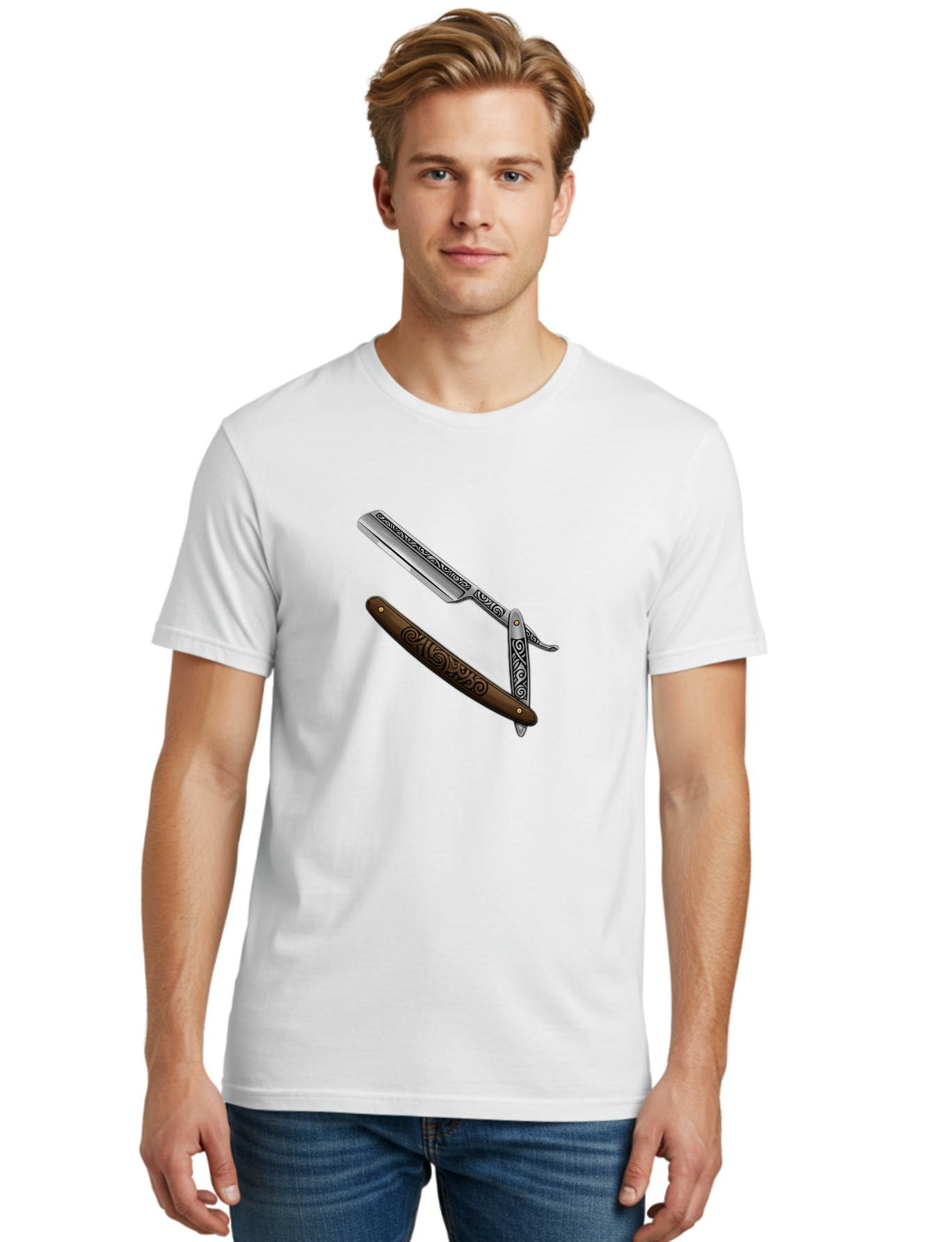 Straight-Razor Men'S Graphic Tee, 100% Cotton, Comfortable Casual Summer Wear, Machine Washable, Straight Razor, Shaving Razor, Vintage Grooming, Classic Shaving, Barber Tools, Ornate Design, Traditional Shaving, Men'S Grooming, Antique Razor Bad737