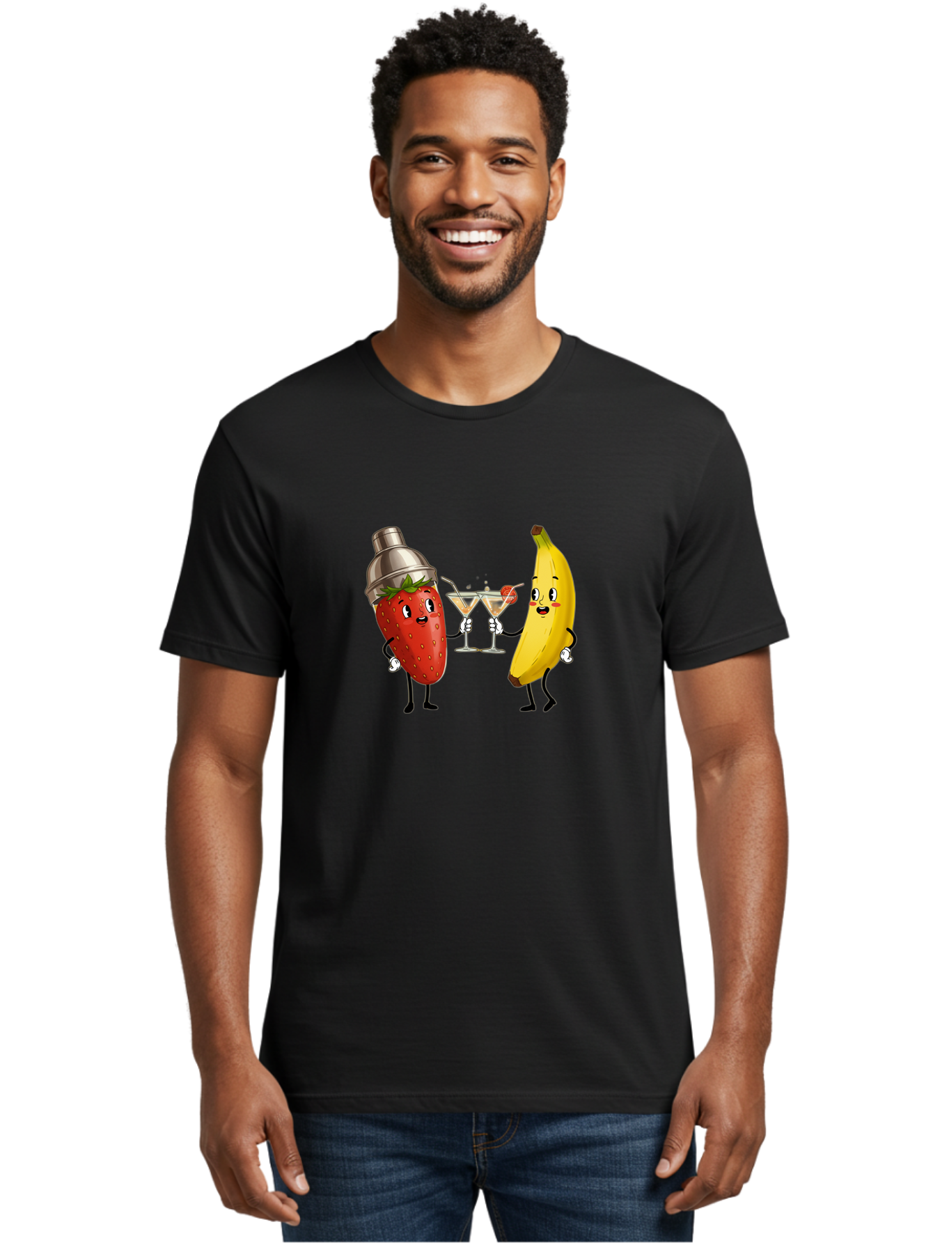 Strawberry-Banana-Cocktail Men'S Graphic Tee, 100% Cotton, Comfortable Casual Summer Wear, Machine Washable, Cartoon Strawberry, Cocktail Shaker, Martini Glasses, Banana Character, Fruit Cocktail, Funny Illustration, Animated Fruit, Bad738