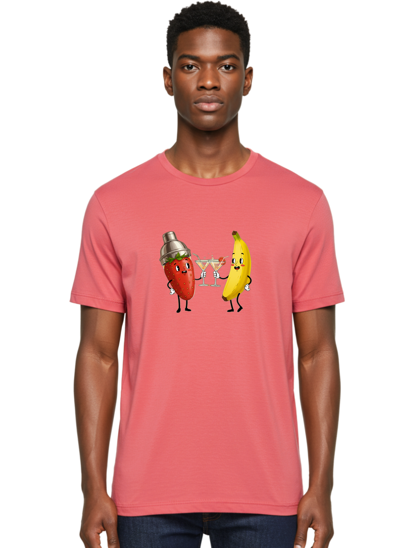 Strawberry-Banana-Cocktail Men'S Graphic Tee, 100% Cotton, Comfortable Casual Summer Wear, Machine Washable, Cartoon Strawberry, Cocktail Shaker, Martini Glasses, Banana Character, Fruit Cocktail, Funny Illustration, Animated Fruit, Bad738