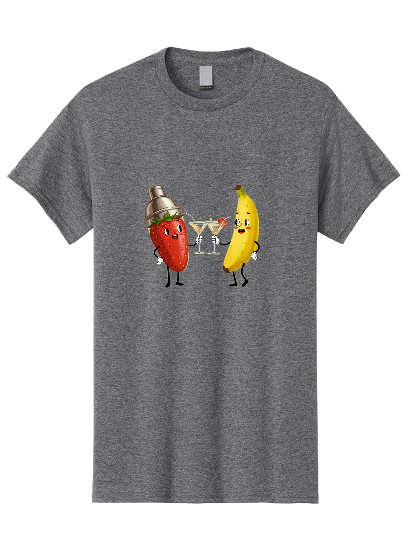 Strawberry-Banana-Cocktail Men'S Graphic Tee, 100% Cotton, Comfortable Casual Summer Wear, Machine Washable, Cartoon Strawberry, Cocktail Shaker, Martini Glasses, Banana Character, Fruit Cocktail, Funny Illustration, Animated Fruit, Bad738