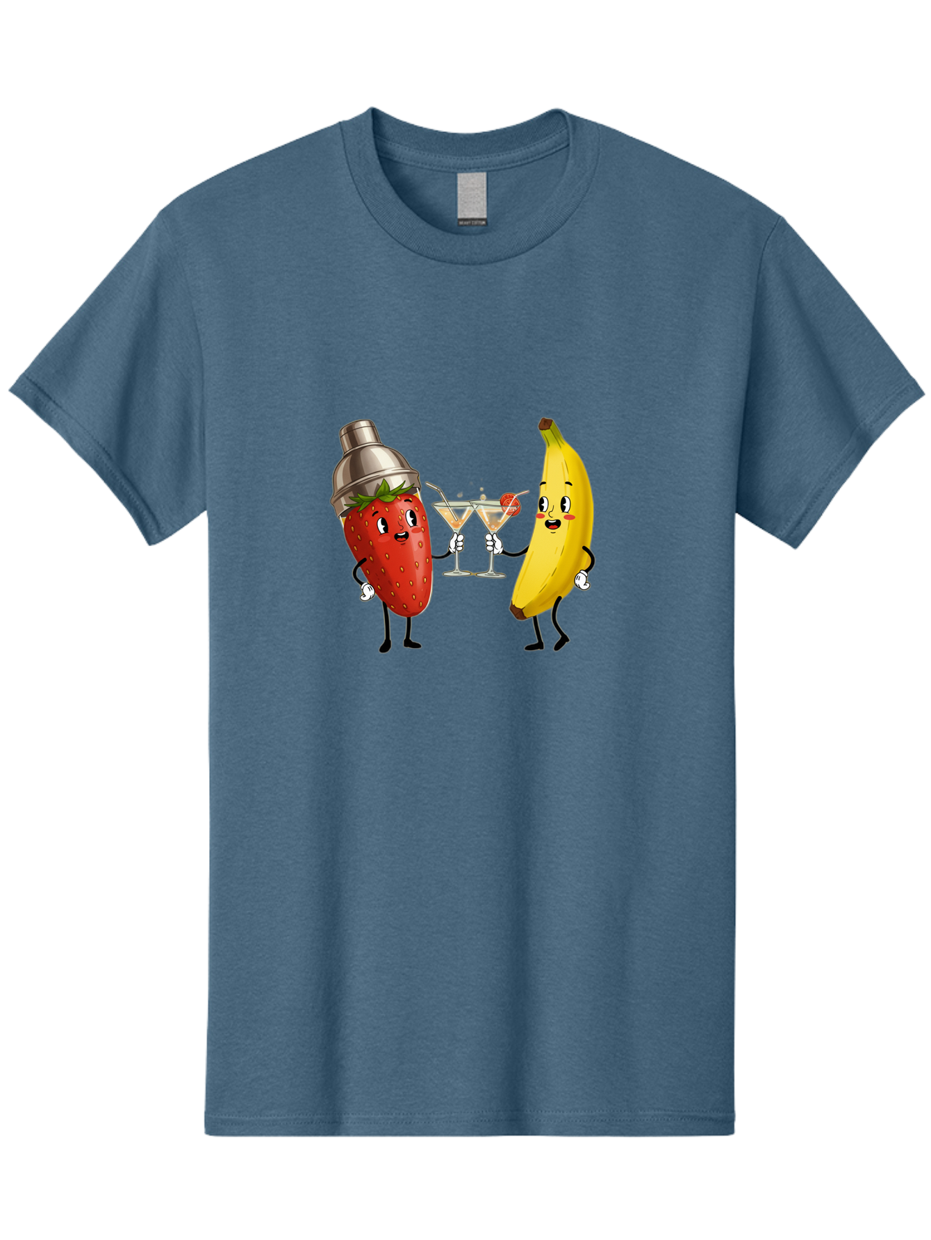 Strawberry-Banana-Cocktail Men'S Graphic Tee, 100% Cotton, Comfortable Casual Summer Wear, Machine Washable, Cartoon Strawberry, Cocktail Shaker, Martini Glasses, Banana Character, Fruit Cocktail, Funny Illustration, Animated Fruit, Bad738
