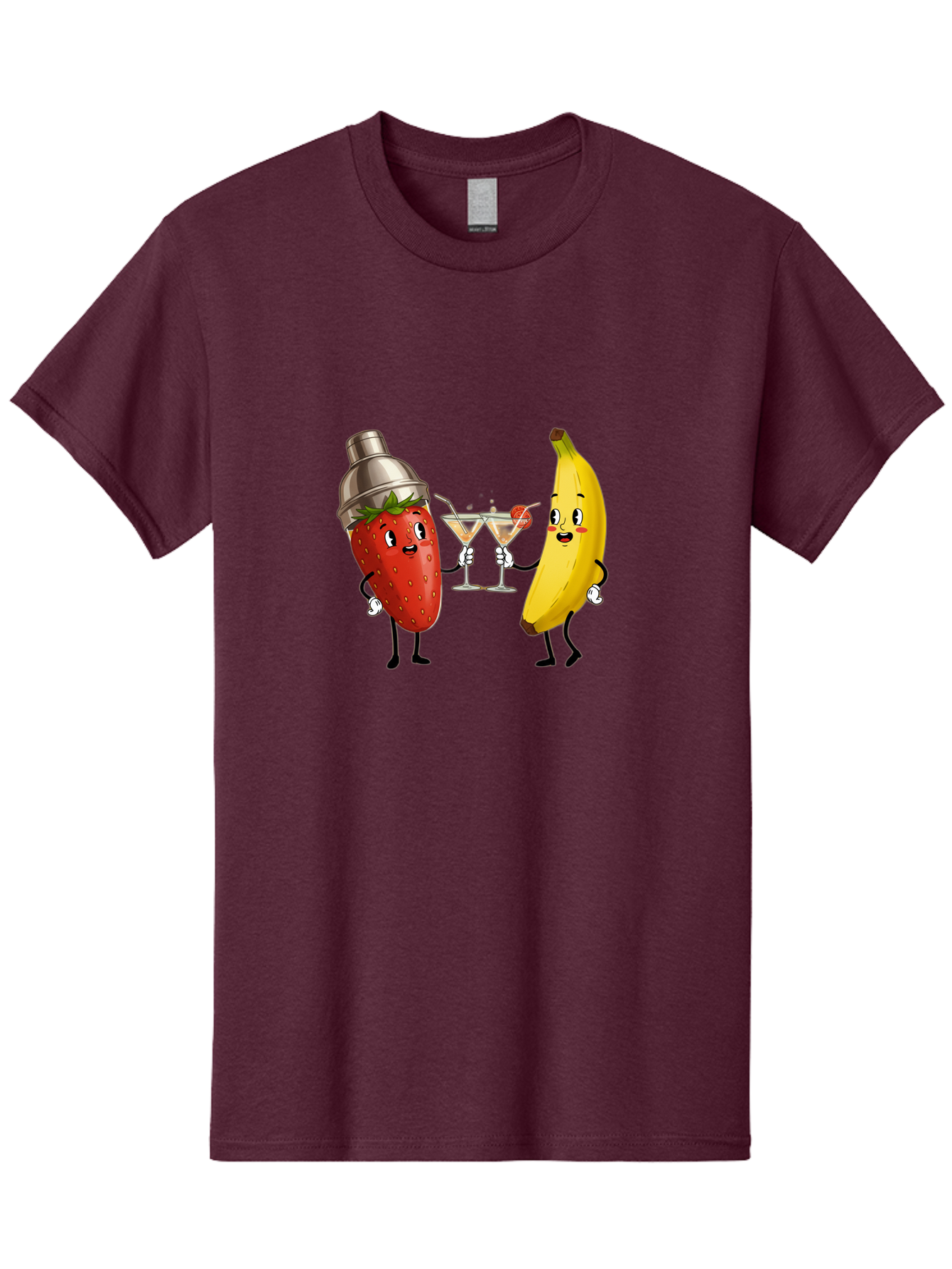 Strawberry-Banana-Cocktail Men'S Graphic Tee, 100% Cotton, Comfortable Casual Summer Wear, Machine Washable, Cartoon Strawberry, Cocktail Shaker, Martini Glasses, Banana Character, Fruit Cocktail, Funny Illustration, Animated Fruit, Bad738