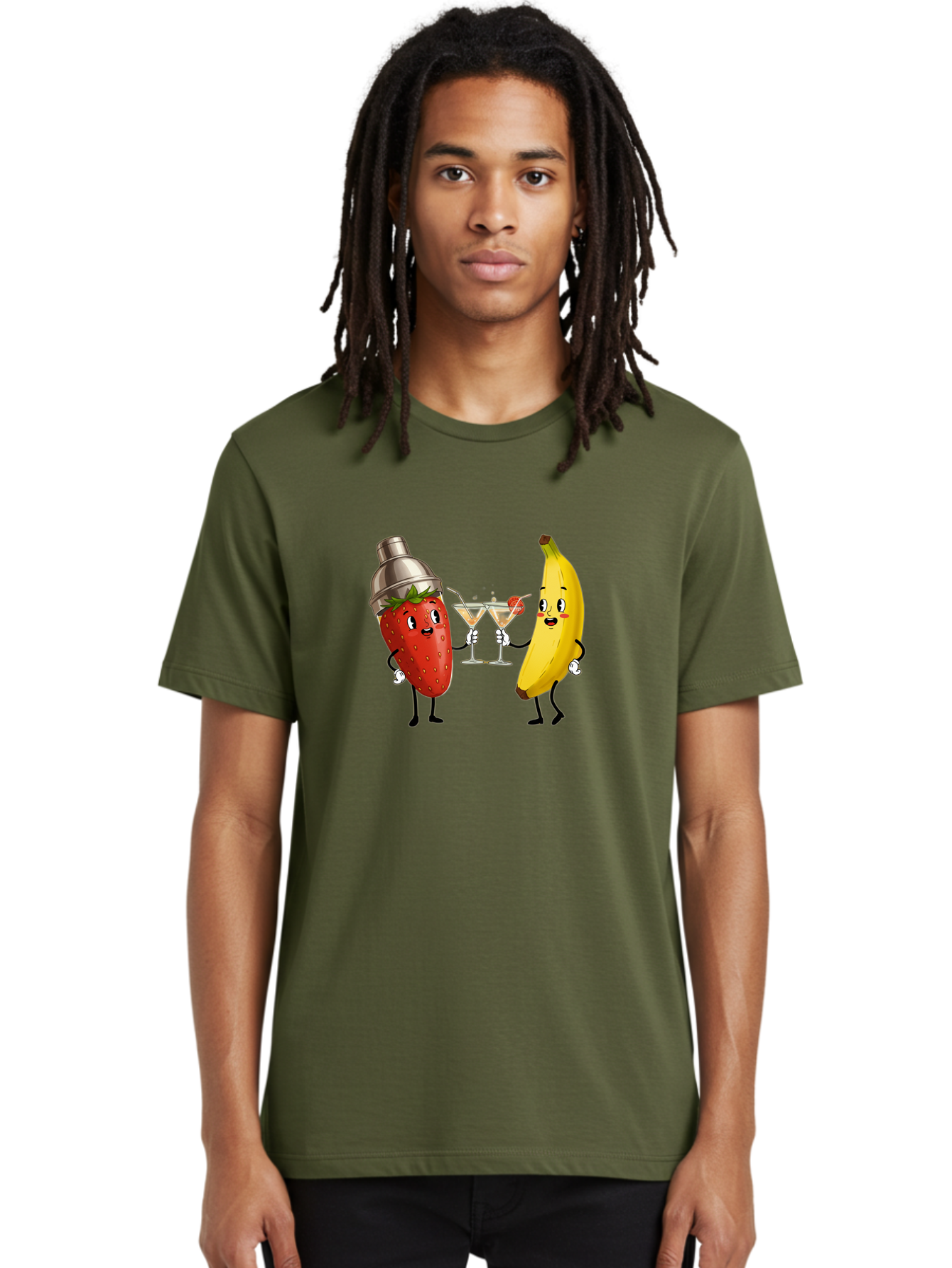 Strawberry-Banana-Cocktail Men'S Graphic Tee, 100% Cotton, Comfortable Casual Summer Wear, Machine Washable, Cartoon Strawberry, Cocktail Shaker, Martini Glasses, Banana Character, Fruit Cocktail, Funny Illustration, Animated Fruit, Bad738