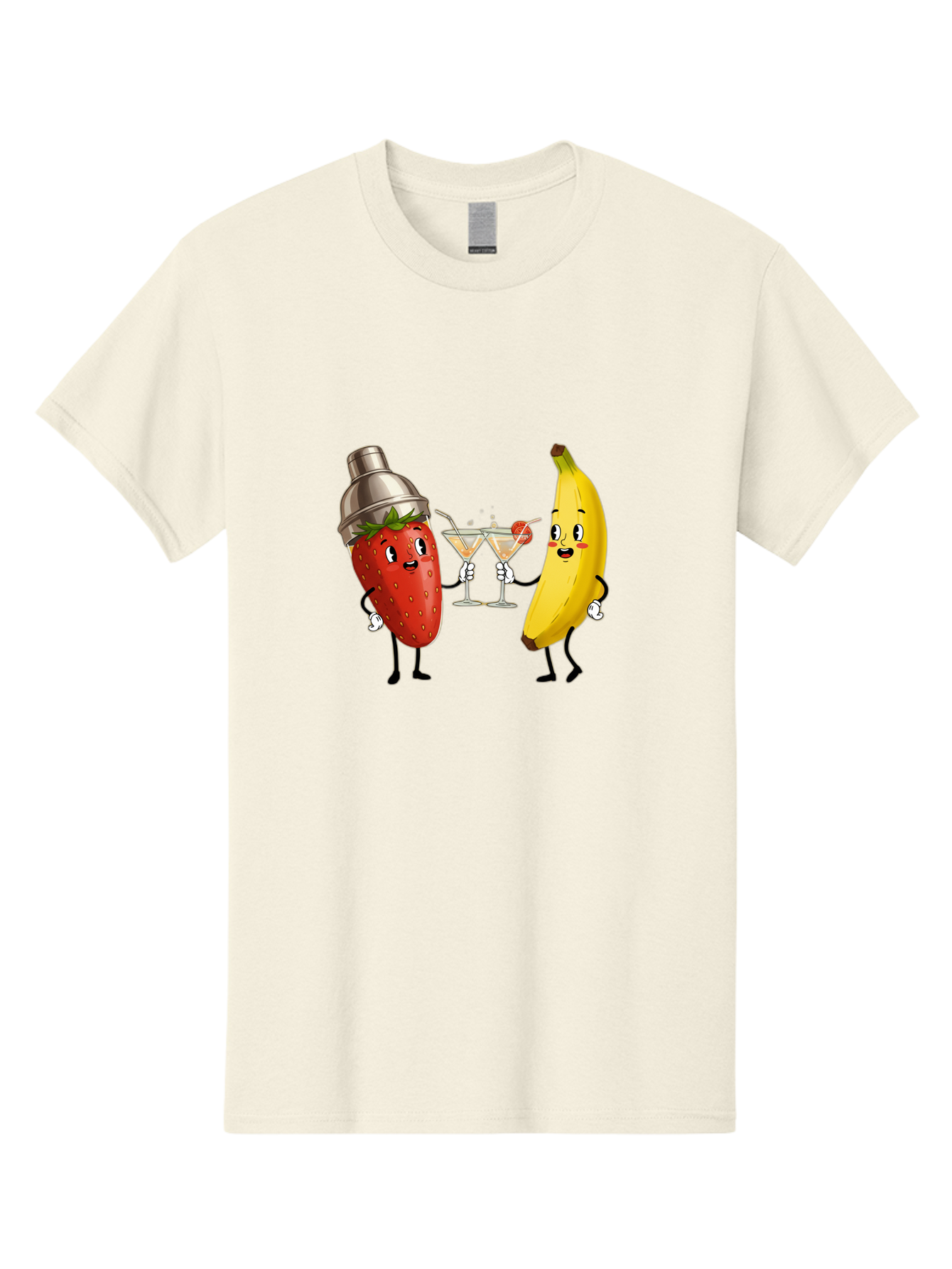Strawberry-Banana-Cocktail Men'S Graphic Tee, 100% Cotton, Comfortable Casual Summer Wear, Machine Washable, Cartoon Strawberry, Cocktail Shaker, Martini Glasses, Banana Character, Fruit Cocktail, Funny Illustration, Animated Fruit, Bad738