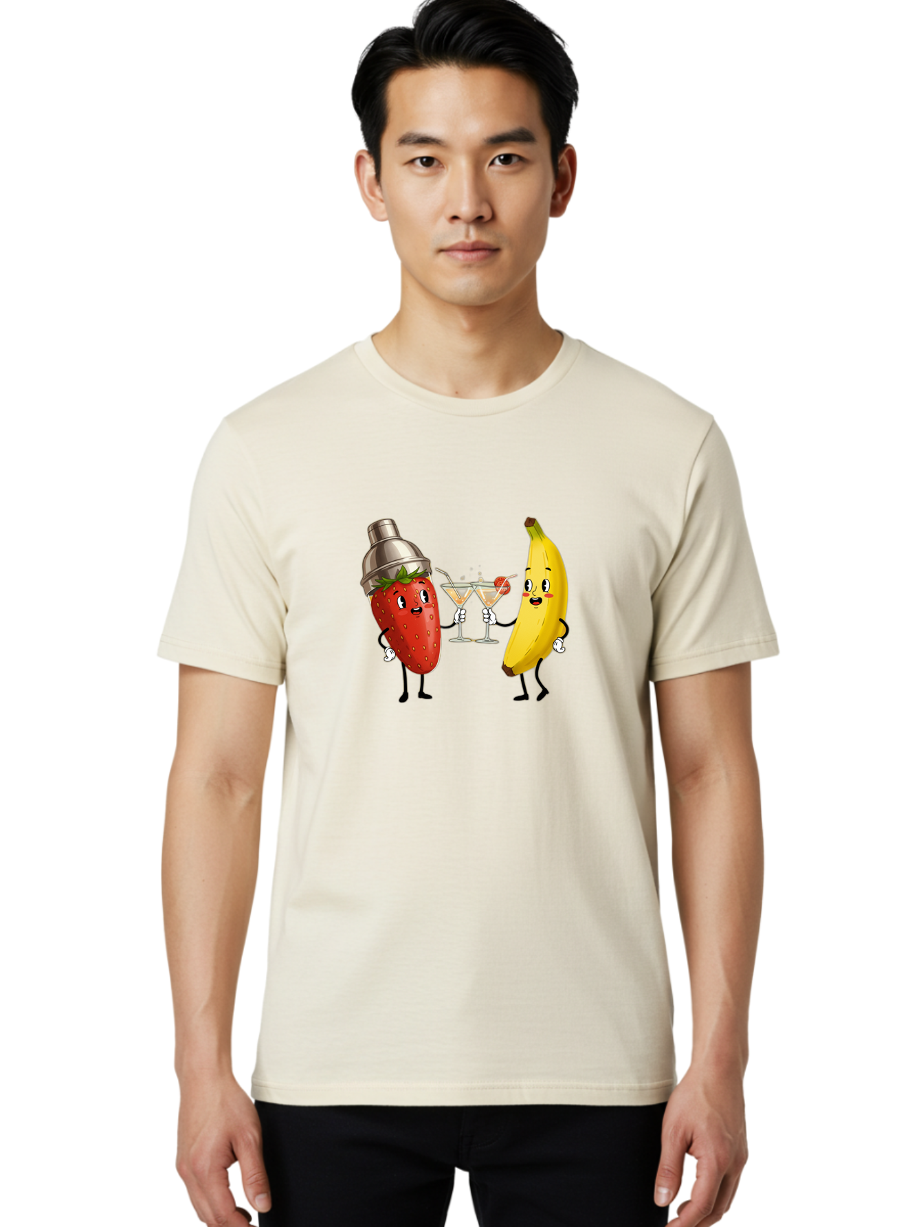 Strawberry-Banana-Cocktail Men'S Graphic Tee, 100% Cotton, Comfortable Casual Summer Wear, Machine Washable, Cartoon Strawberry, Cocktail Shaker, Martini Glasses, Banana Character, Fruit Cocktail, Funny Illustration, Animated Fruit, Bad738